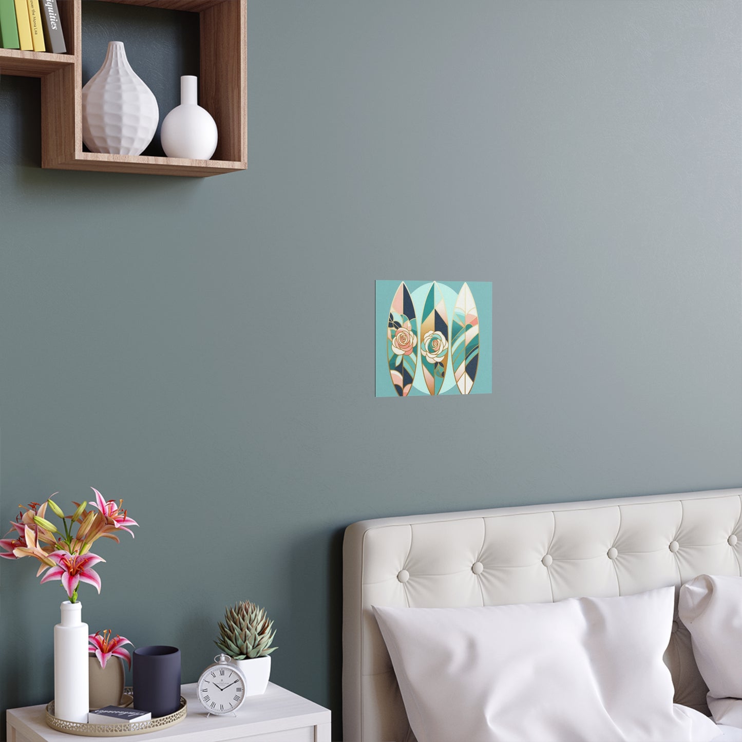 Elegant Floral Silk Poster - Indoor/Outdoor Wall Art for Home Decor - Blue, Pink & Aqua Surfboard & Roses