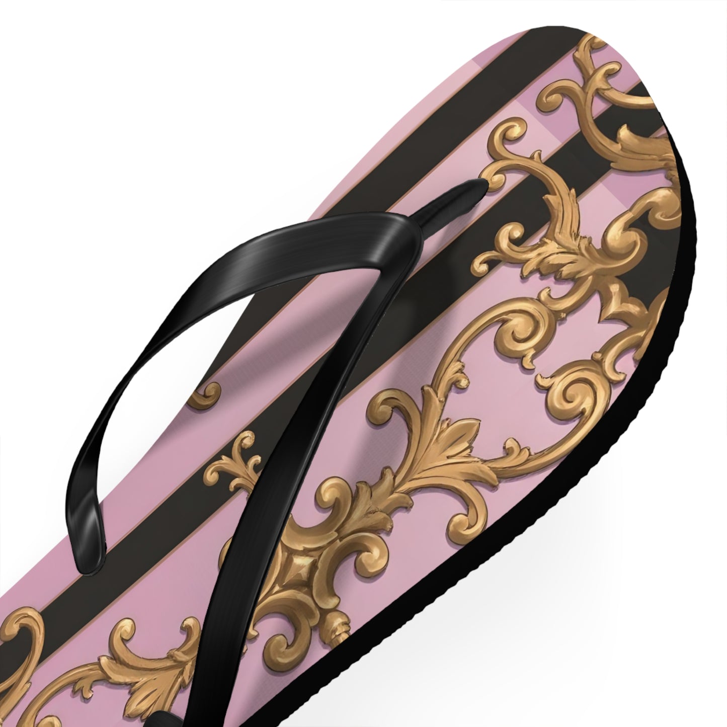Chic Floral Flip Flops, Summer Sandals, Beach Footwear, Vacation Style, Poolside Essentials - Matte Lavender & Black Striped Gold Baroque