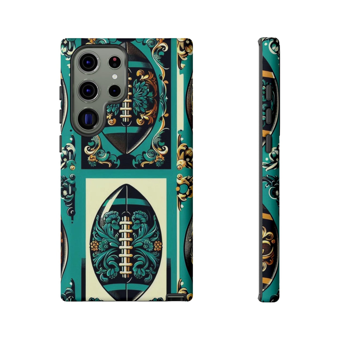 Elegant Floral Motif Phone Case - Tough Cases with Vintage Design -  Damask Teal, Gold & Black Footballs