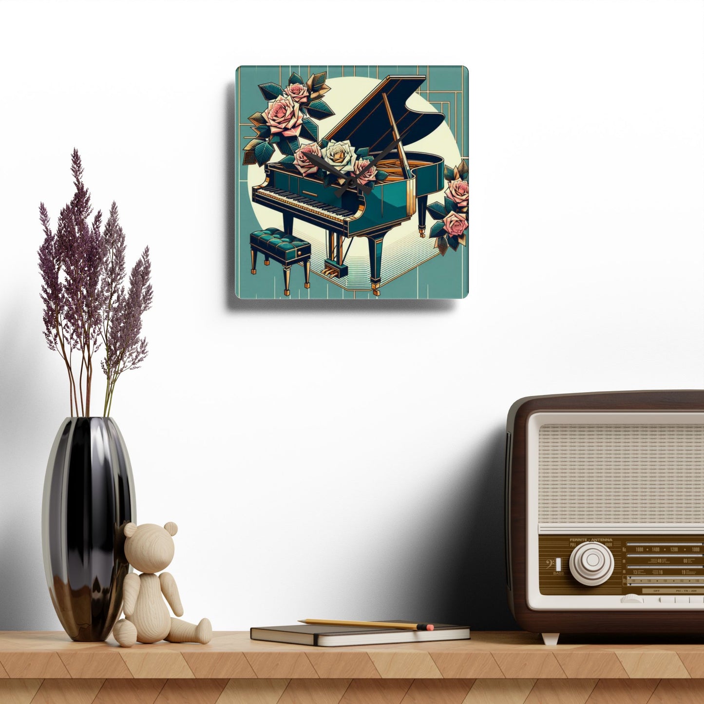 Elegant Piano & Roses Acrylic Wall Clock - Timeless Decor for Music Lovers
