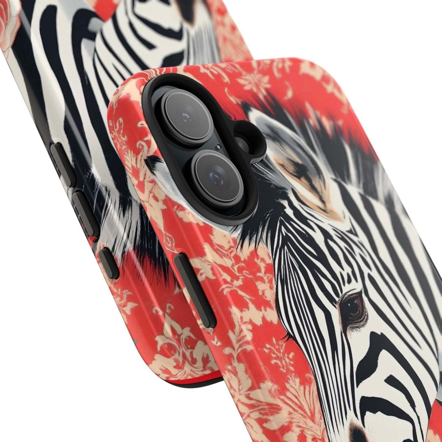 Zebra Tough Phone Case - Trendy Floral Design for Animal Lovers - Zebra With Coral Roses & Damask