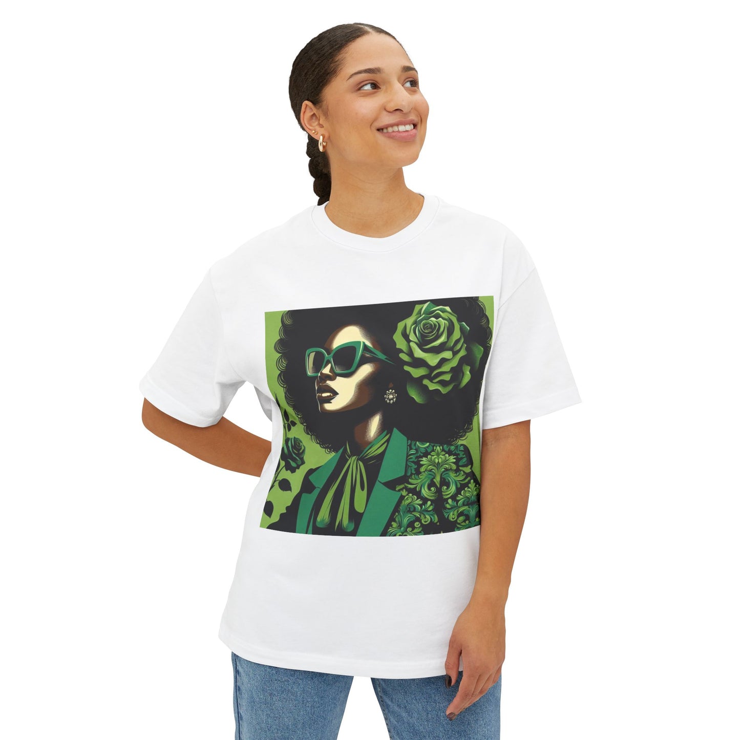 Chic Floral Statement Tee, Stylish Graphic Top, Fashion Gift, Oversized Fit, Trendy Apparel for Women - Lady in Green Damask