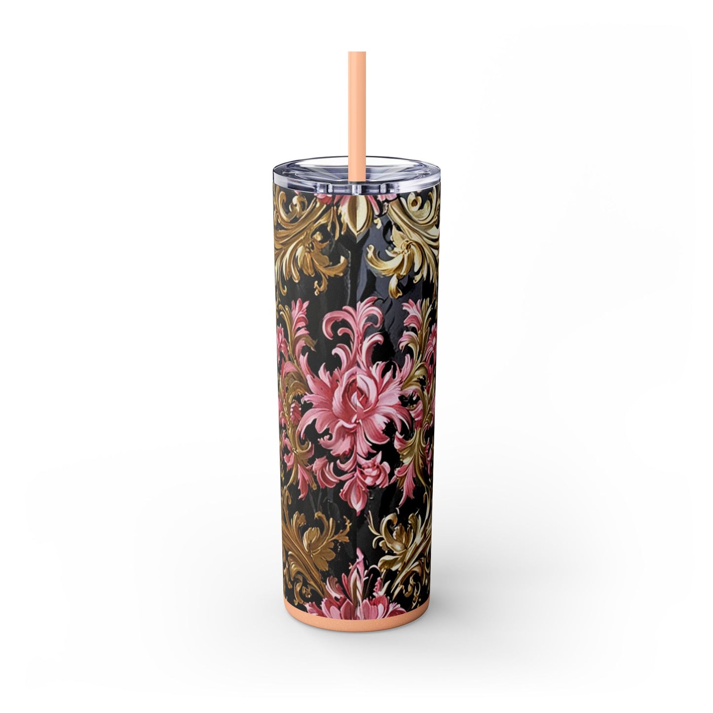 Chic Floral Skinny Tumbler with Straw, 20oz - Elegant Drinkware for Tea Lovers, Travel Mugs, Gifts for Her - Black & Pink Oil Painting Style Rococo