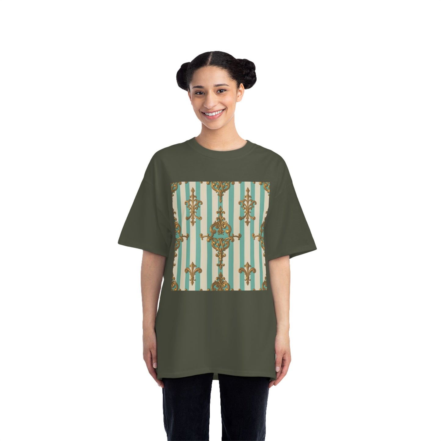 Elegant Patterned Short-Sleeve T-Shirt, Fashion Tee, Casual Wear, Gift for Her, Summer Style, Unique Design - Matte Green Striped Rococo
