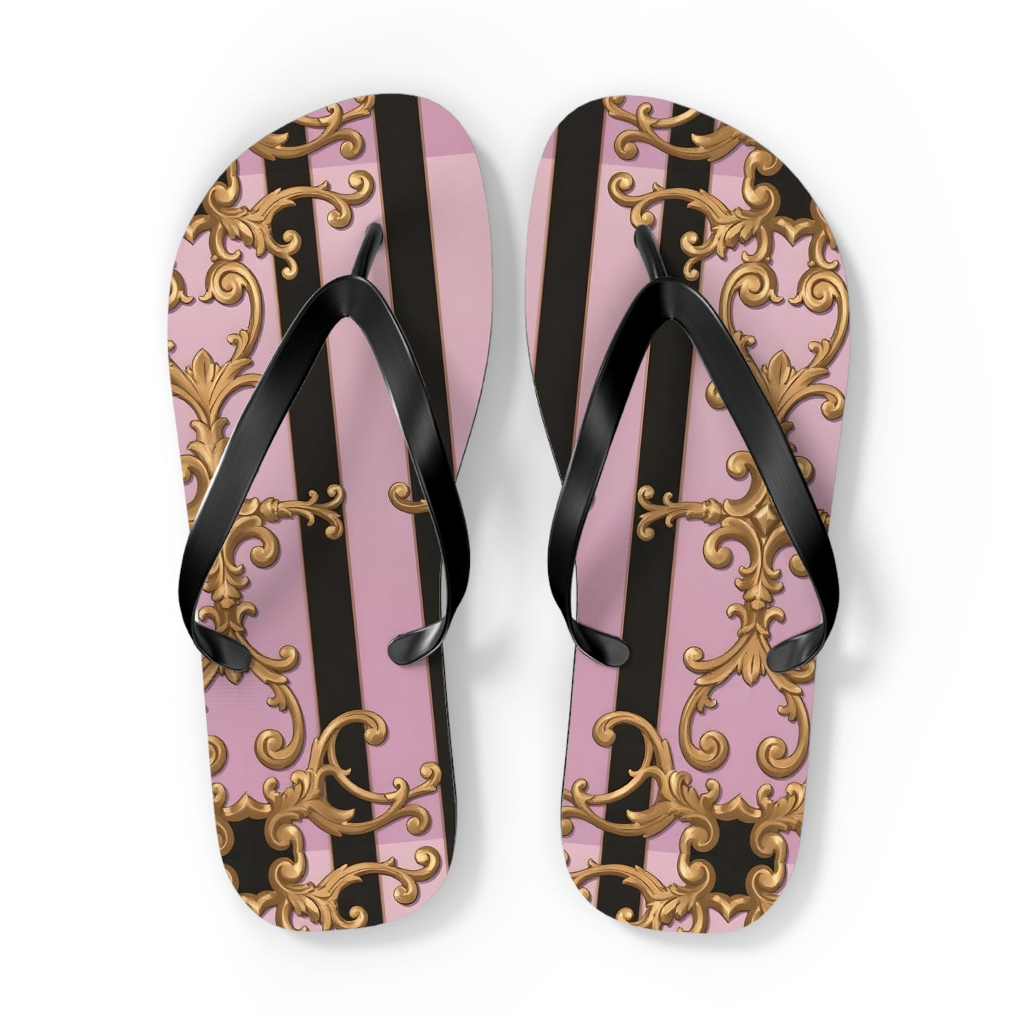 Chic Floral Flip Flops, Summer Sandals, Beach Footwear, Vacation Style, Poolside Essentials - Matte Lavender & Black Striped Gold Baroque
