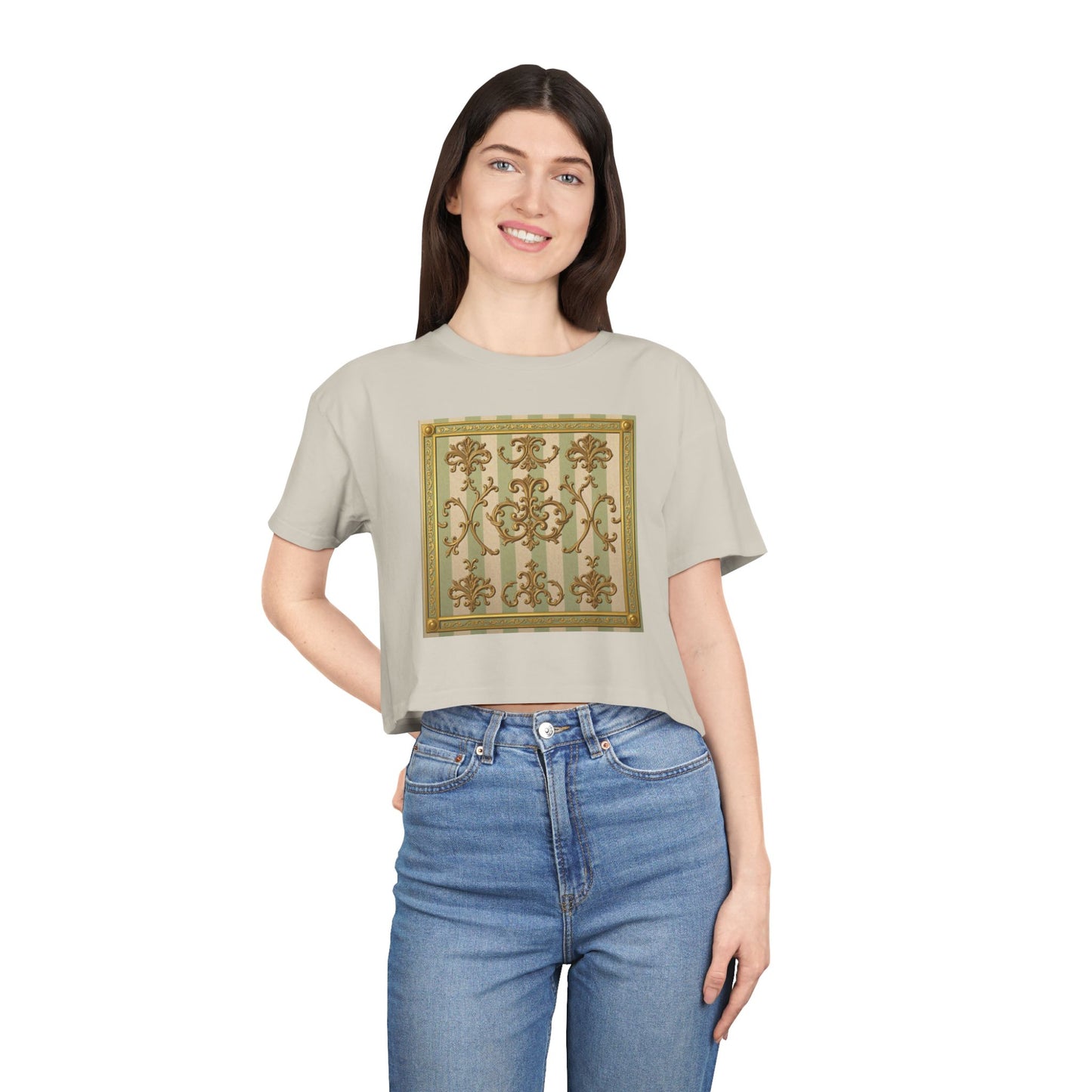 Stylish Women's Crop Tee with Elegant Print, Summer Fashion Top, Casual Chic Shirt, Gift for Her, Trendy Outfit - Mint & Beige Striped Gold Baroque