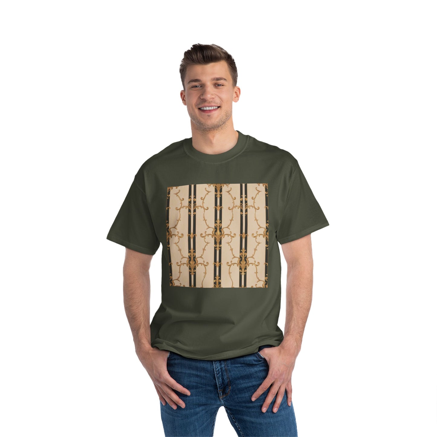 Stylish Graphic Tee for Casual Wear, Fashionable Short-Sleeve Shirt, Unique Summer Top - Black & Beige Striped Damask