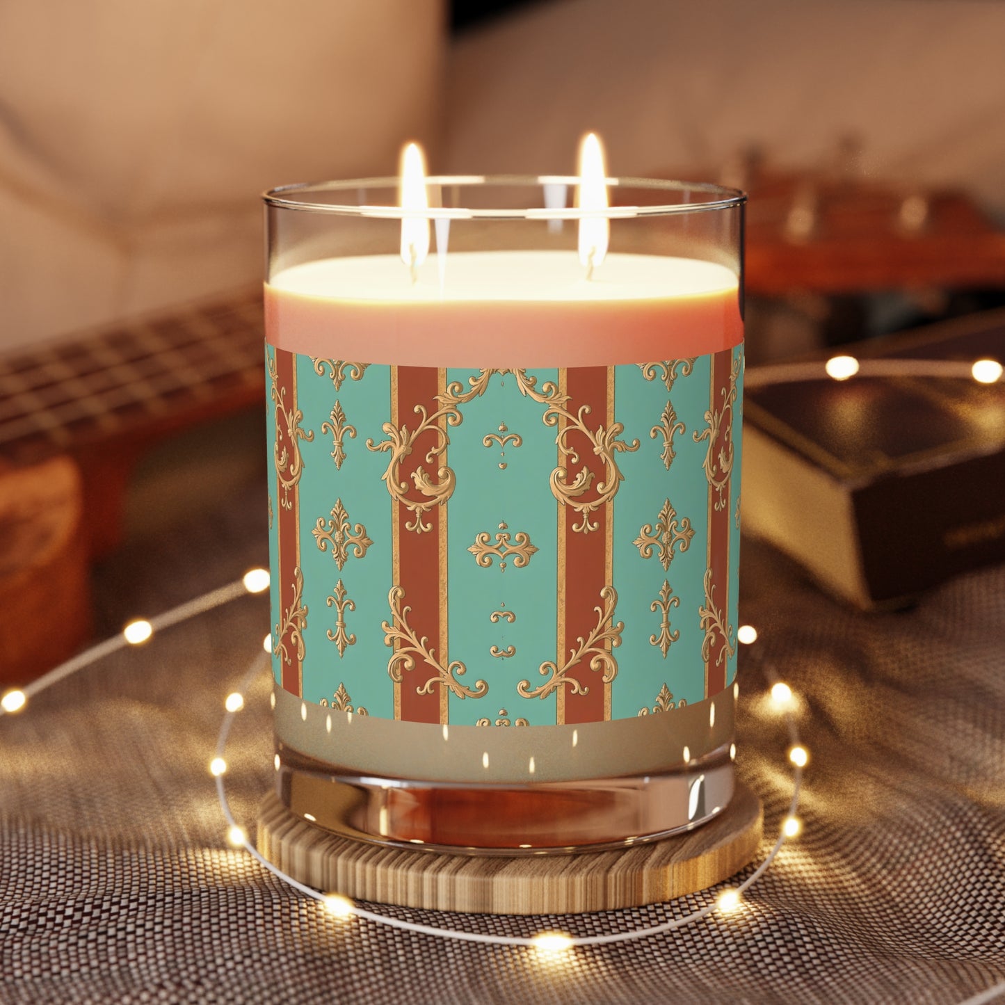 Elegant Vintage Scented Candle - 11oz Glass - Rust & Mint Aqua Striped Baroque
