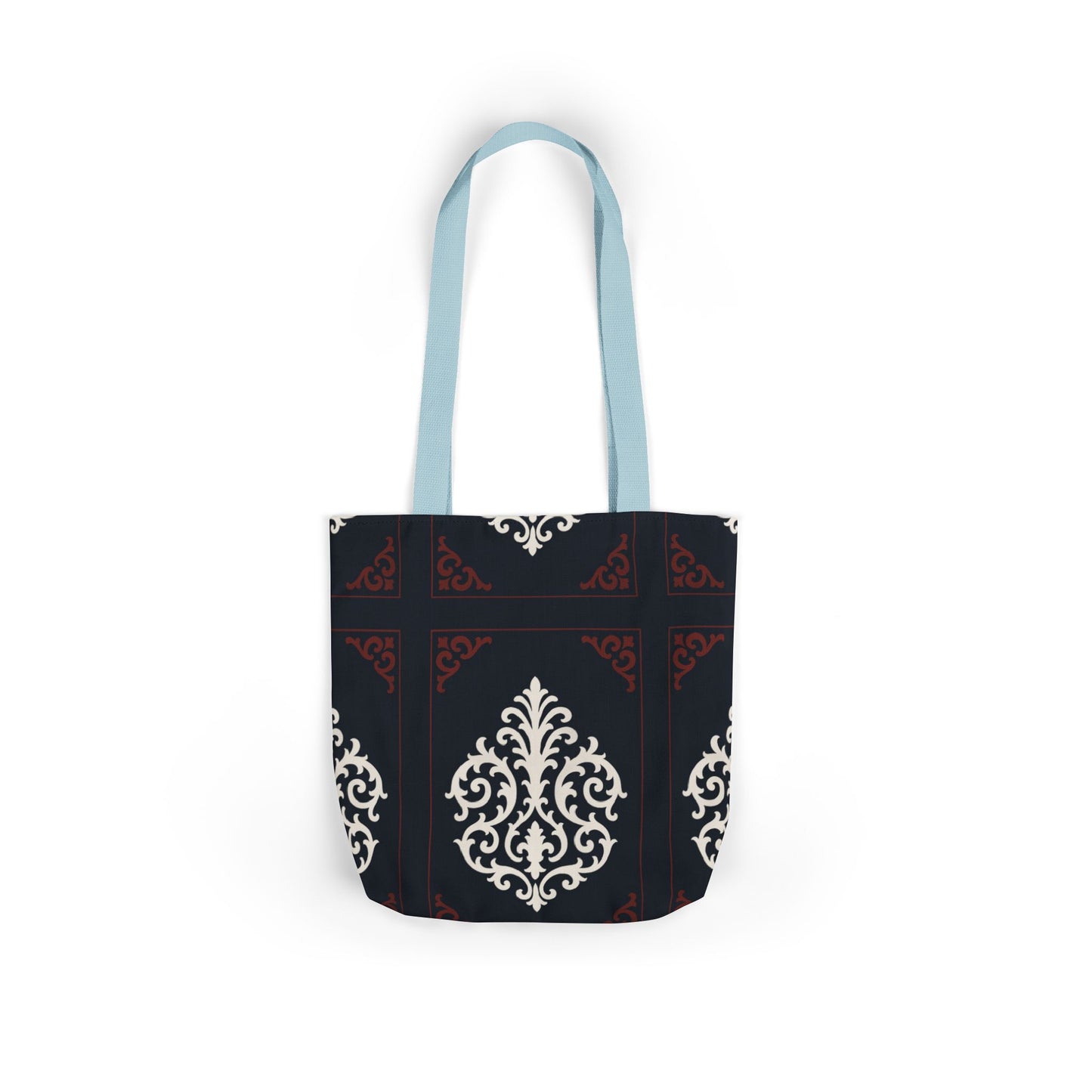 Dusk Blue-Maroon & White Baroque Pattern Canvas Tote Bag — Elegant Dusk Blue & White Reusable Market Bag
