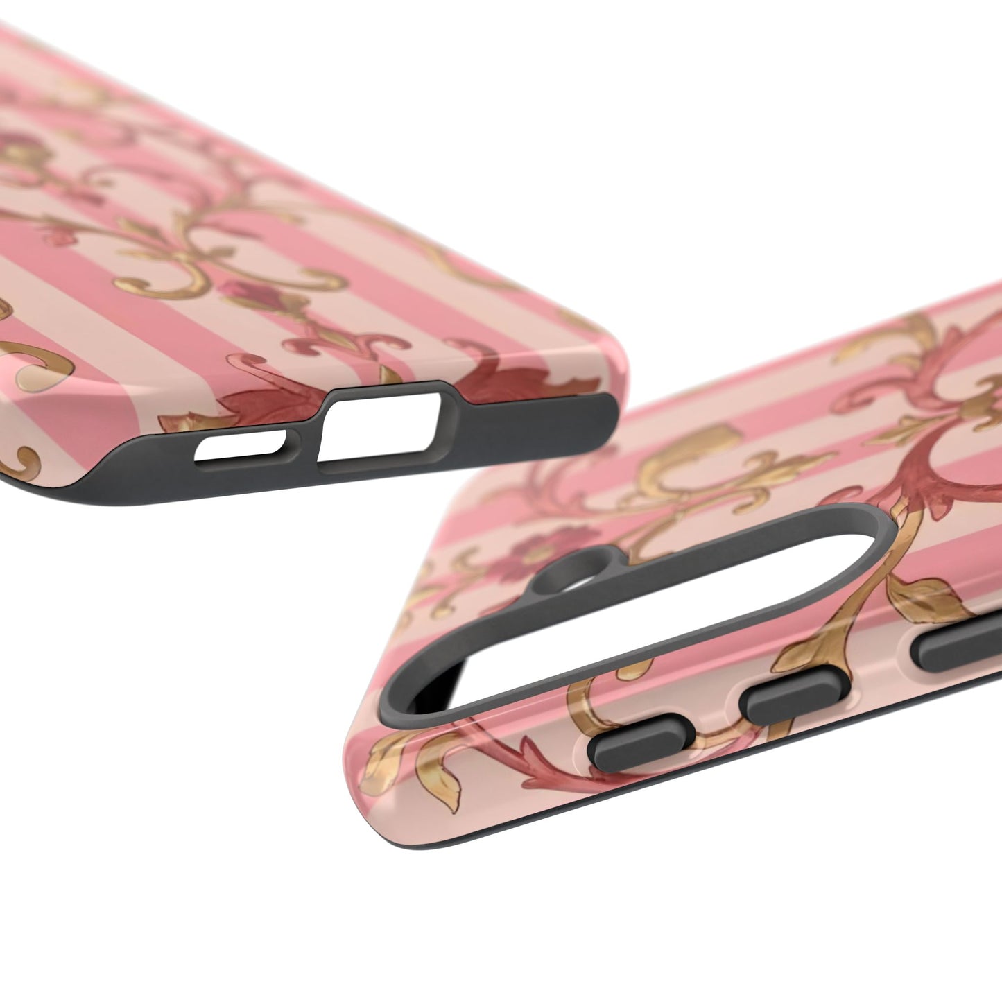 Elegant Floral Motif Phone Case - Tough Cases with Vintage Design - Pink Striped Rose Gold Damask