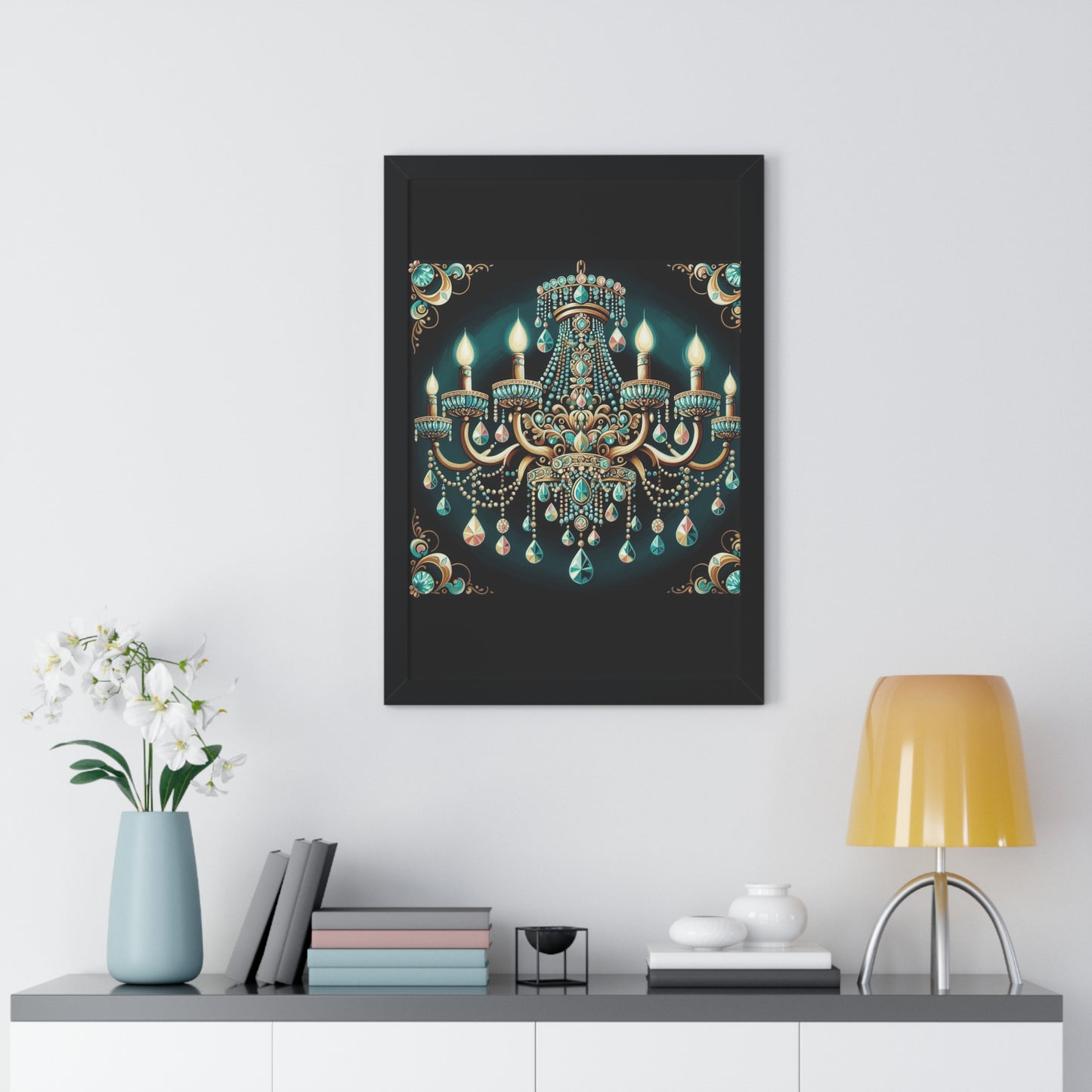Elegant Chandelier Art Print, Framed Vertical Poster, Home Decor, Wall Art, Gift for Her, Luxury Interior Decoration - Teal Jeweled Chandelier