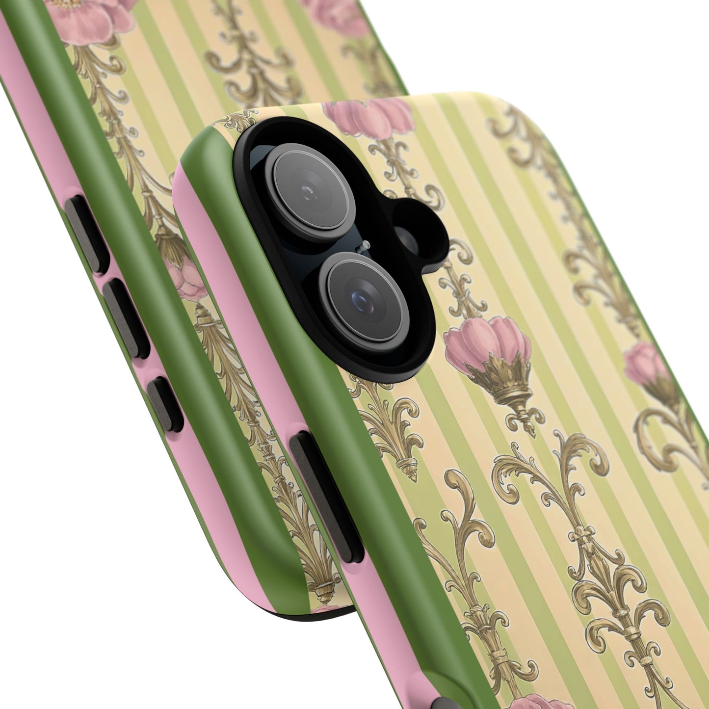 Elegant Floral Motif Phone Case - Tough Cases with Vintage Design - Lime Green & Pink Striped Damask