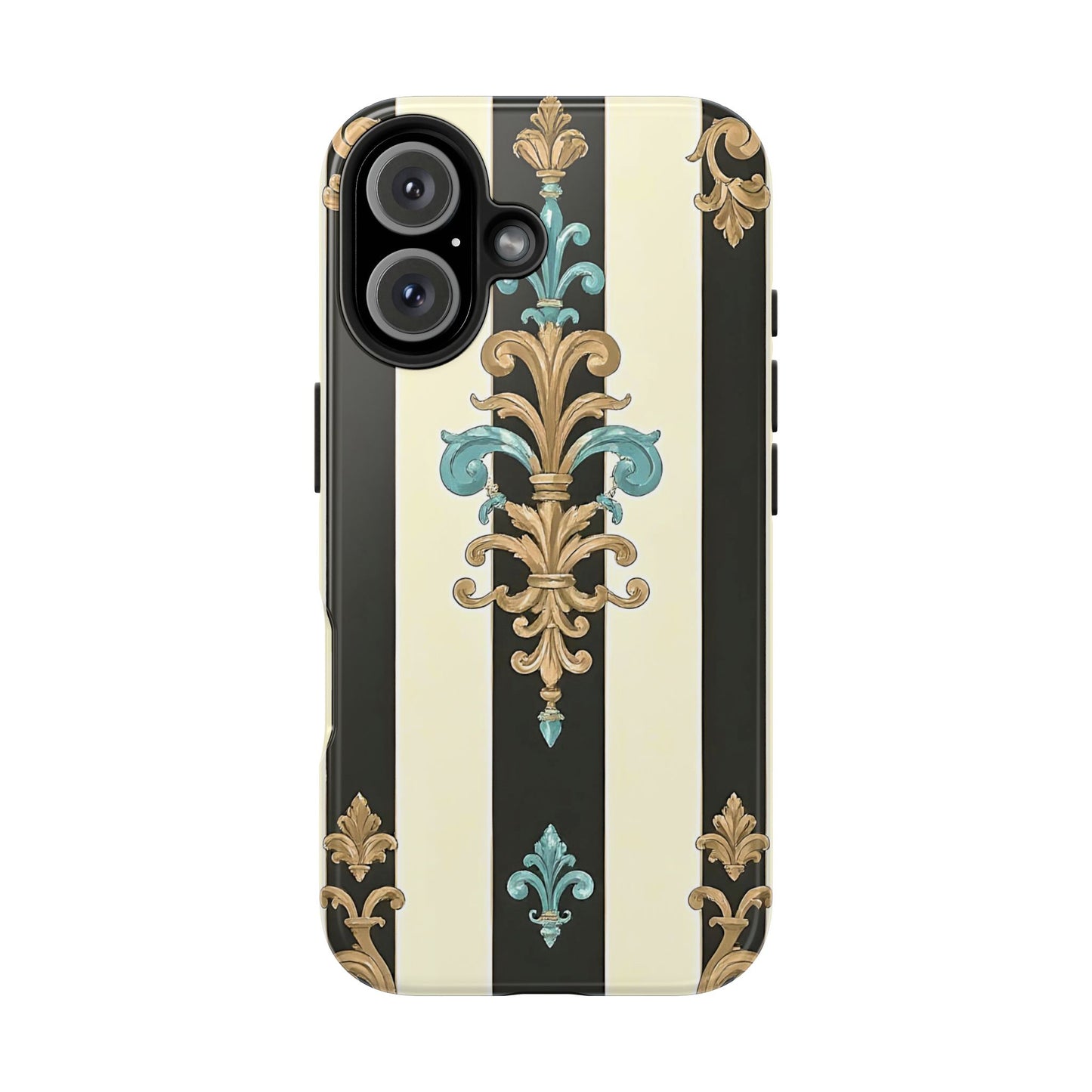 Elegant Vintage Tough Phone Cases, Stylish Phone Accessories, Quality Protection, Gifts for Her - Black Striped Turquoise & Black Rococo