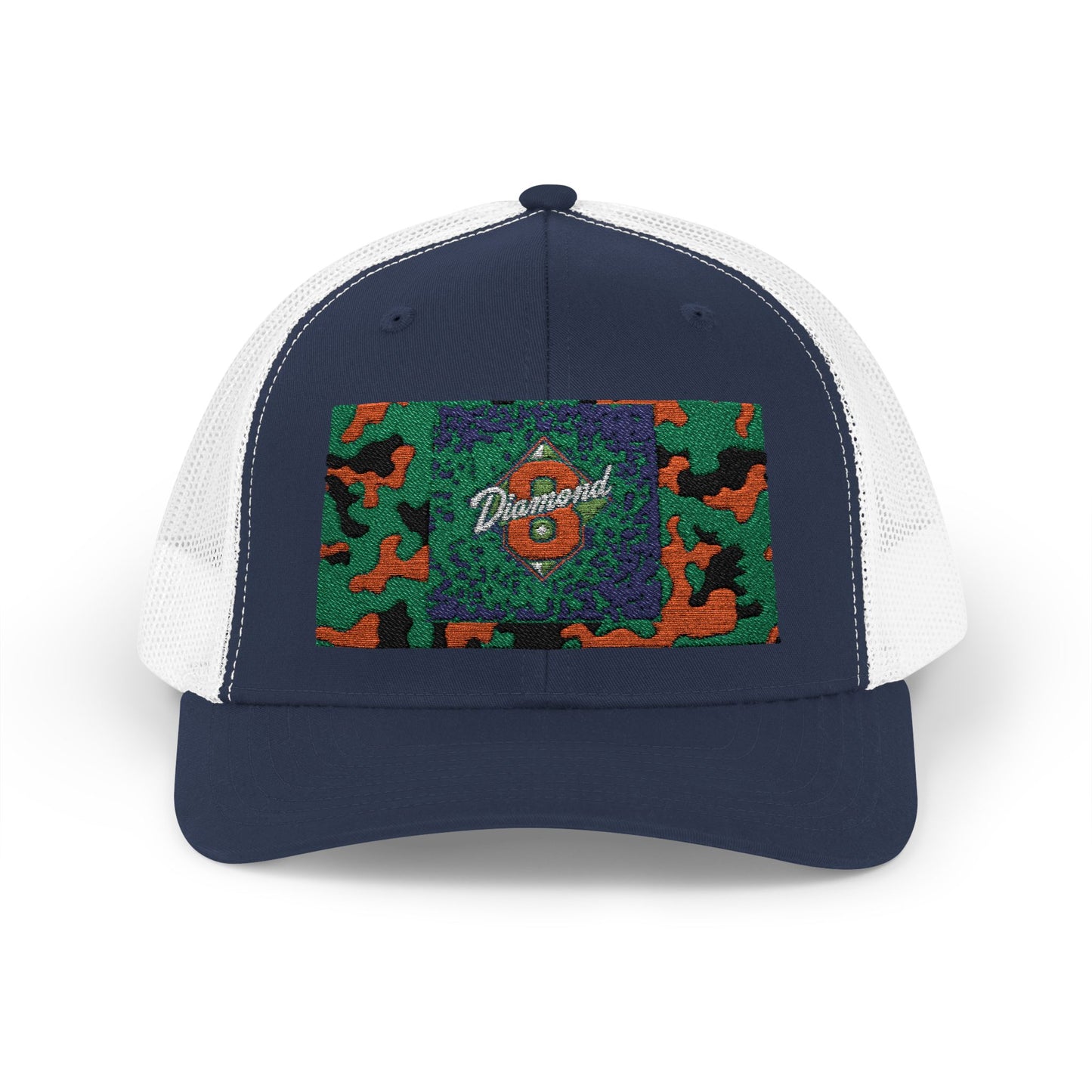 Colorful Camouflage Snapback Trucker Cap, Casual Hat, Outdoor Gear, Unisex Headwear, Gift for Him/Her - Green & Orange Camo Diamond 8