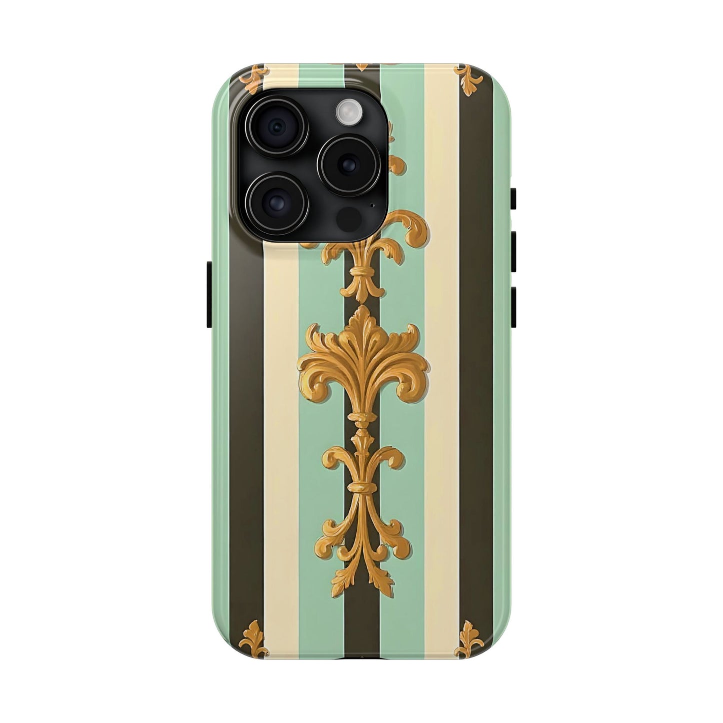 Elegant Floral Tough Phone Cases - Stylish Protection for All Occasions, Gifts for Her, Phone Covers - Black & Matte Mint Striped Rococo