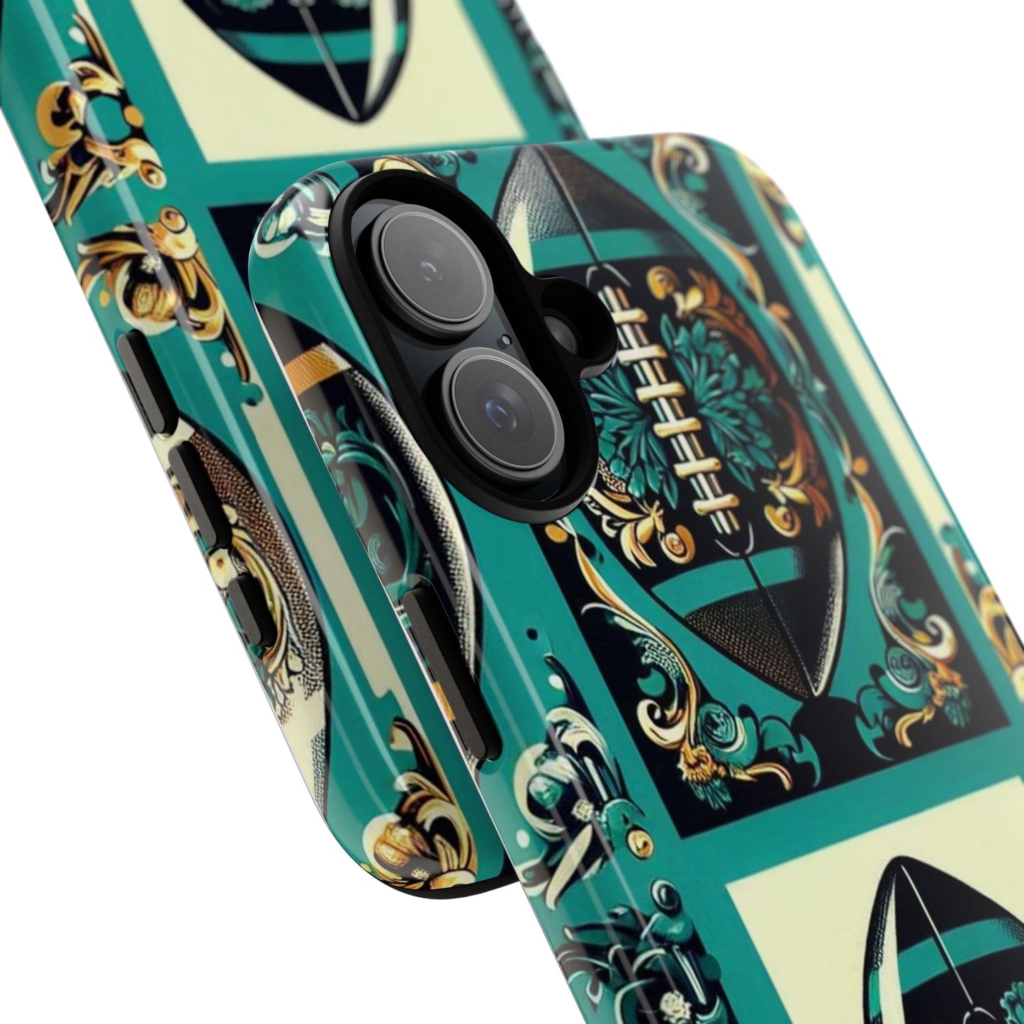 Elegant Floral Motif Phone Case - Tough Cases with Vintage Design -  Damask Teal, Gold & Black Footballs
