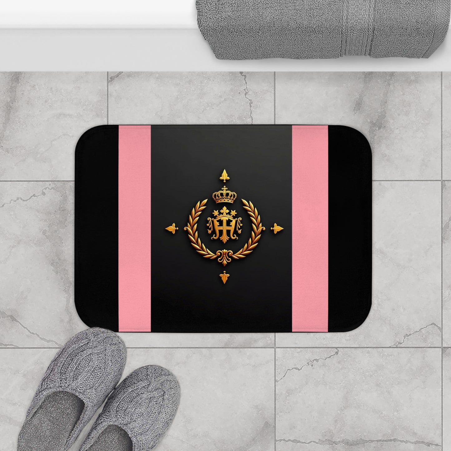 Chic Striped Bath Mat - Stylish Bathroom Decor, Luxury Bath Accessory, Trendy Home Style, Gift for Her, Self-Care Essentials - Pink Striped Gold Crest