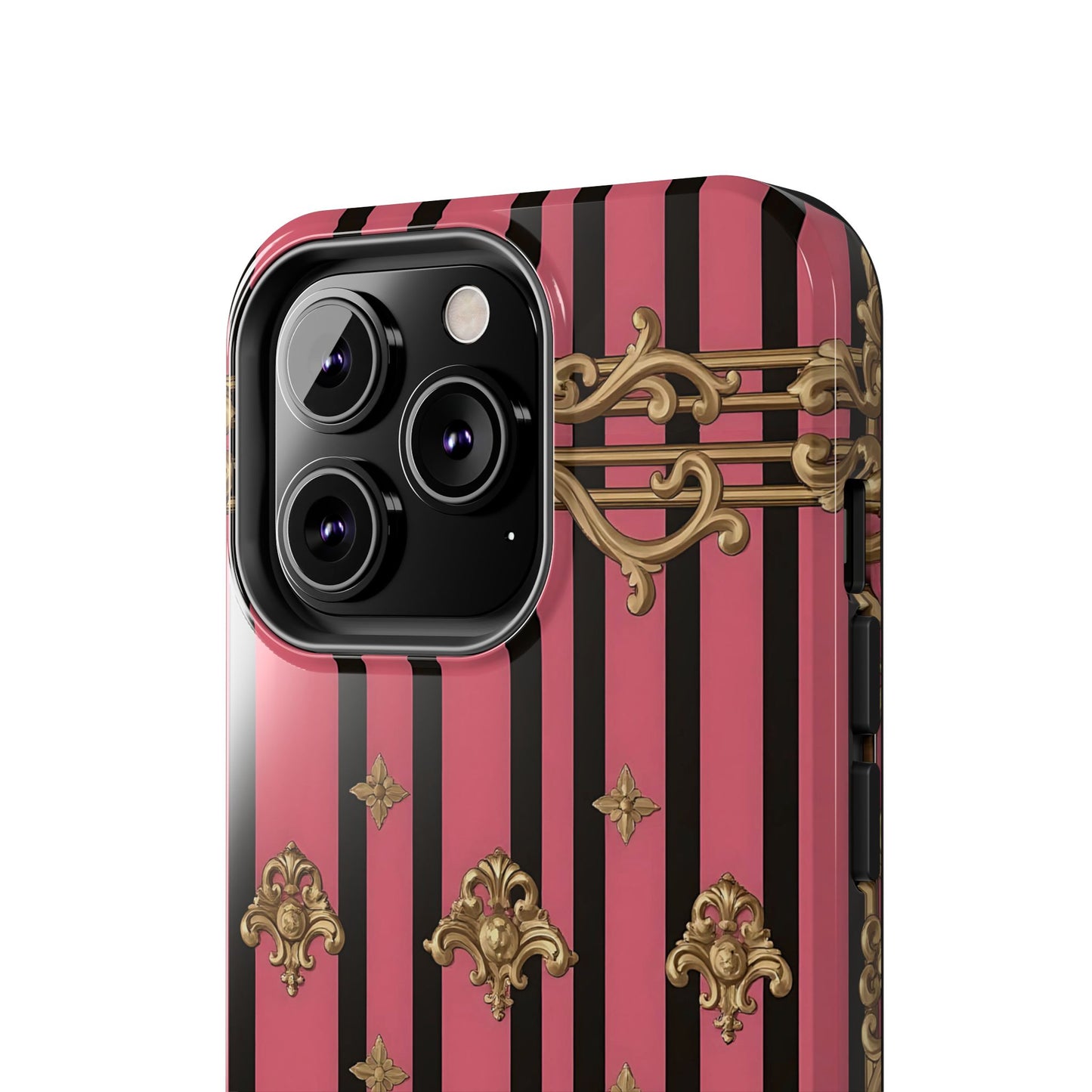 Elegant Floral Phone Cases, Stylish Protective Case for Trendy Individuals, Unique Gift for Tech Lovers, Phone Accessories - Pink Striped Gold Rococo
