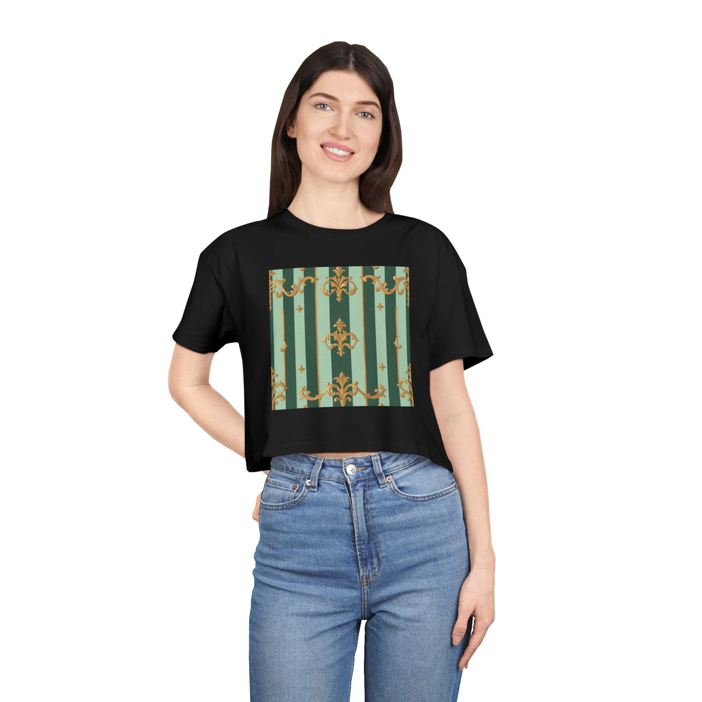 Chic Women's Crop Tee with Elegant Patterns, Fashion Top, Summer Style, Trendy Outfit, Gift for Her - Mint Green & Teal Striped Gold Baroque