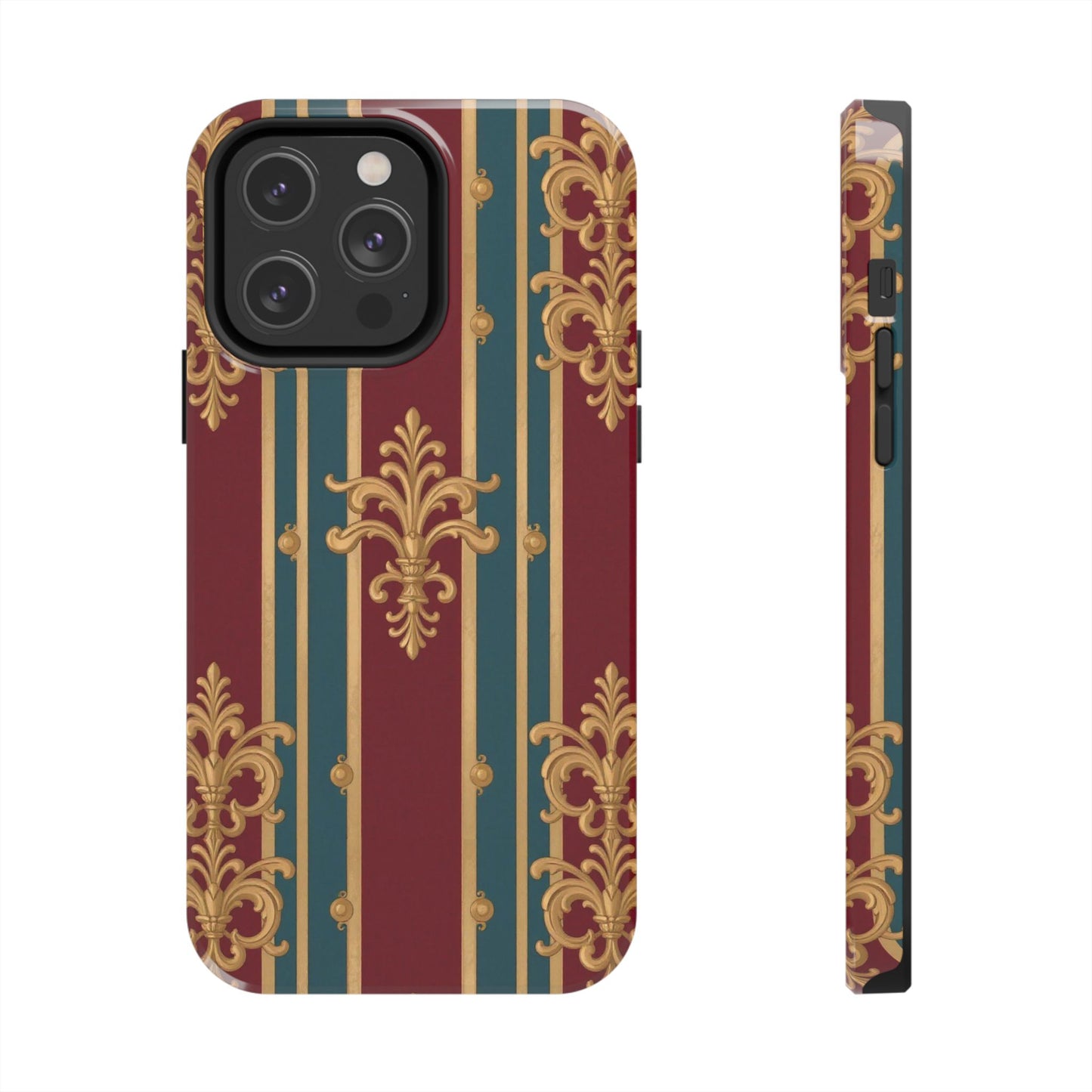 Elegant Vintage Tough Phone Case, Luxury Phone Protection, Stylish Phone Cover, Durable Phone Accessory - Burgundy Striped Gold Baroque