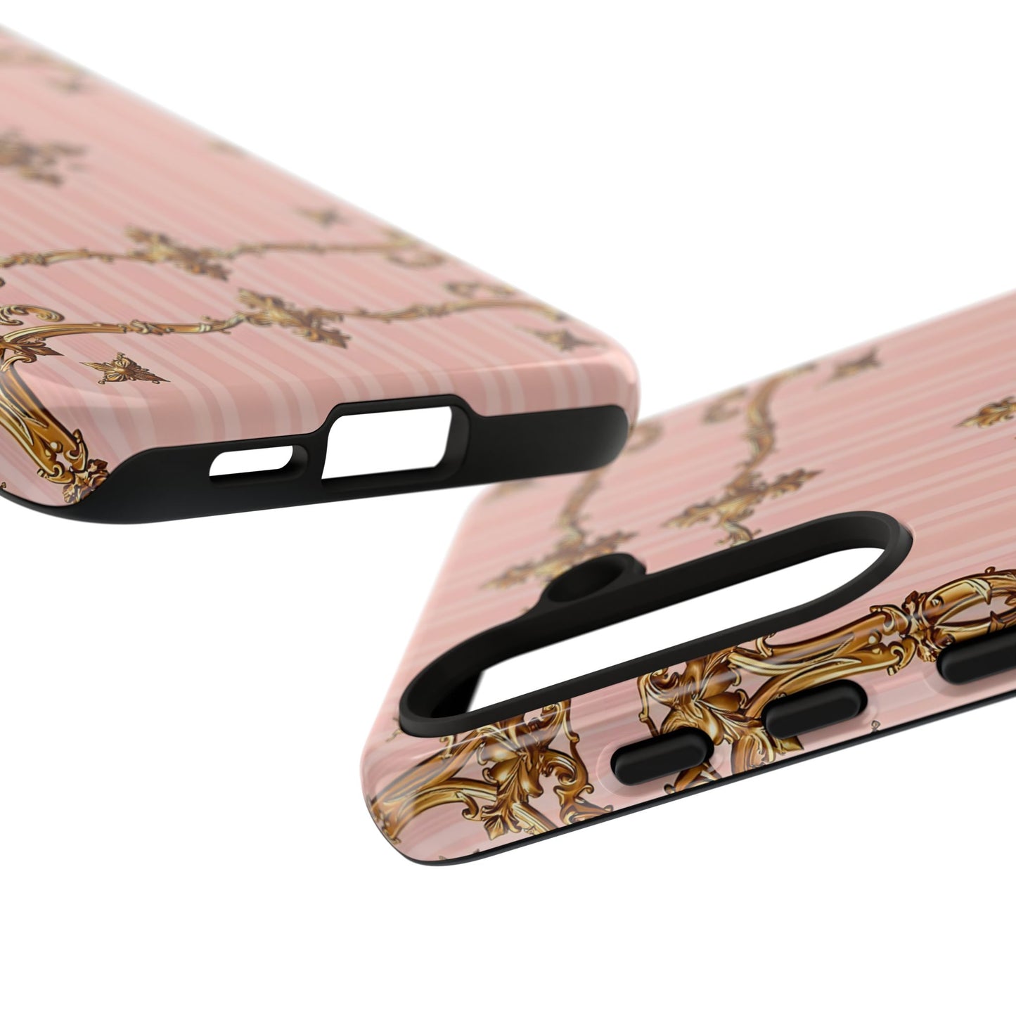 Elegant Floral Phone Case, Tough Cases for Women, Trendy Phone Cover, Chic Gift - Pink Striped Gold Baroque
