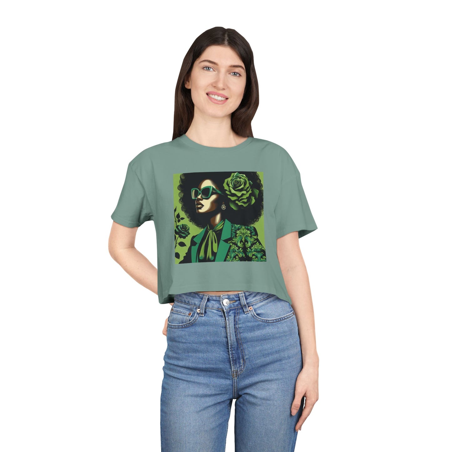 Stylish Women's Crop Tee with Damask Design | Trendy Summer Top, Afro Crop Shirt, Casual Wear, Gift for Her - Lady in Green Damask