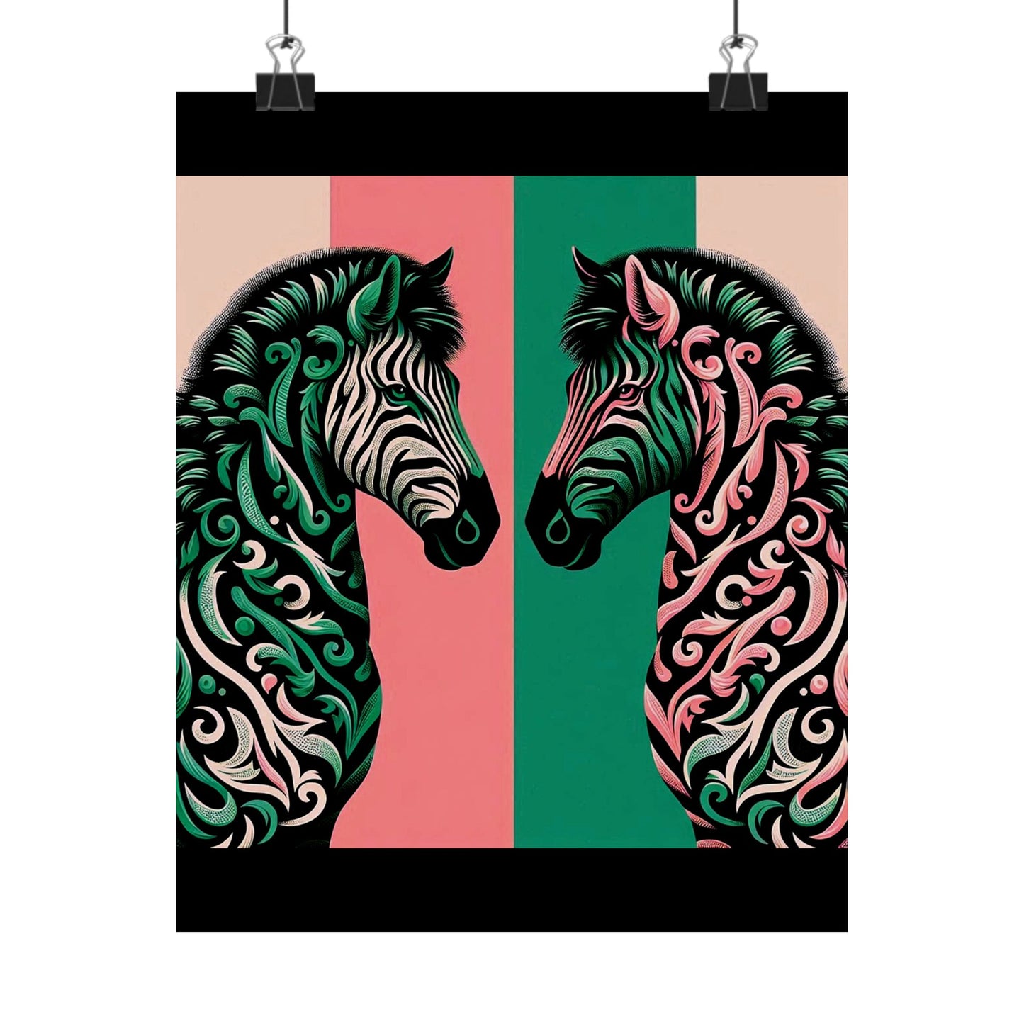 Floral Art Poster - Elegant Matte Vertical Wall Decor - Pink & Green Zebra Damask Design