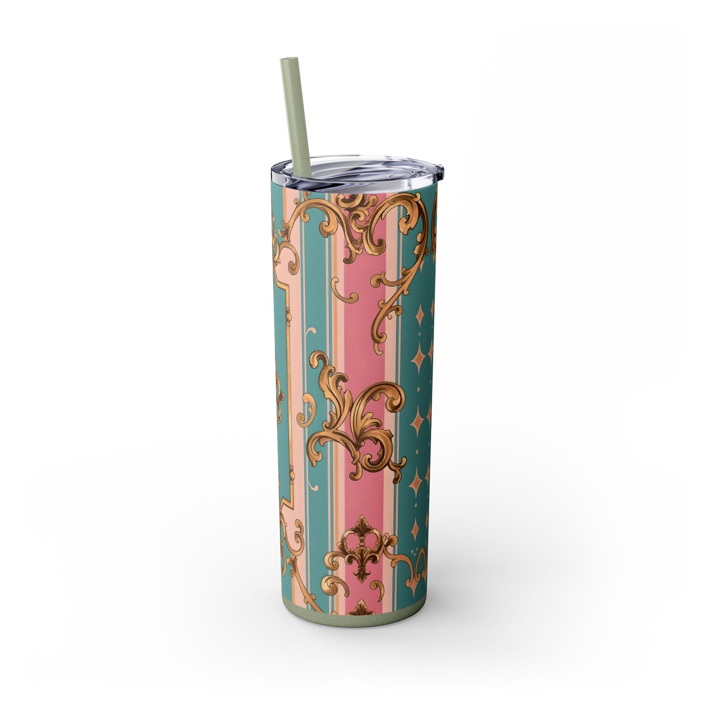 Elegant Floral Skinny Tumbler, 20oz Travel Mug, Stylish Drinkware, Perfect Gift for Her, Vintage Inspired - Pink & Matte Turquoise Striped Rococo