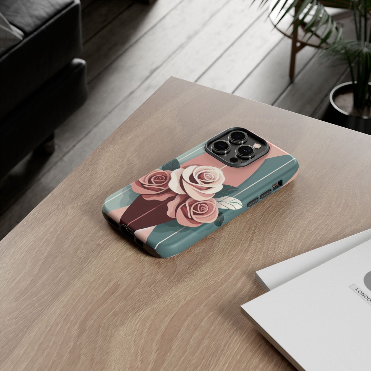 Phone Case - Burgundy, Matte Mauve & Teal Surfboard & Roses Design
