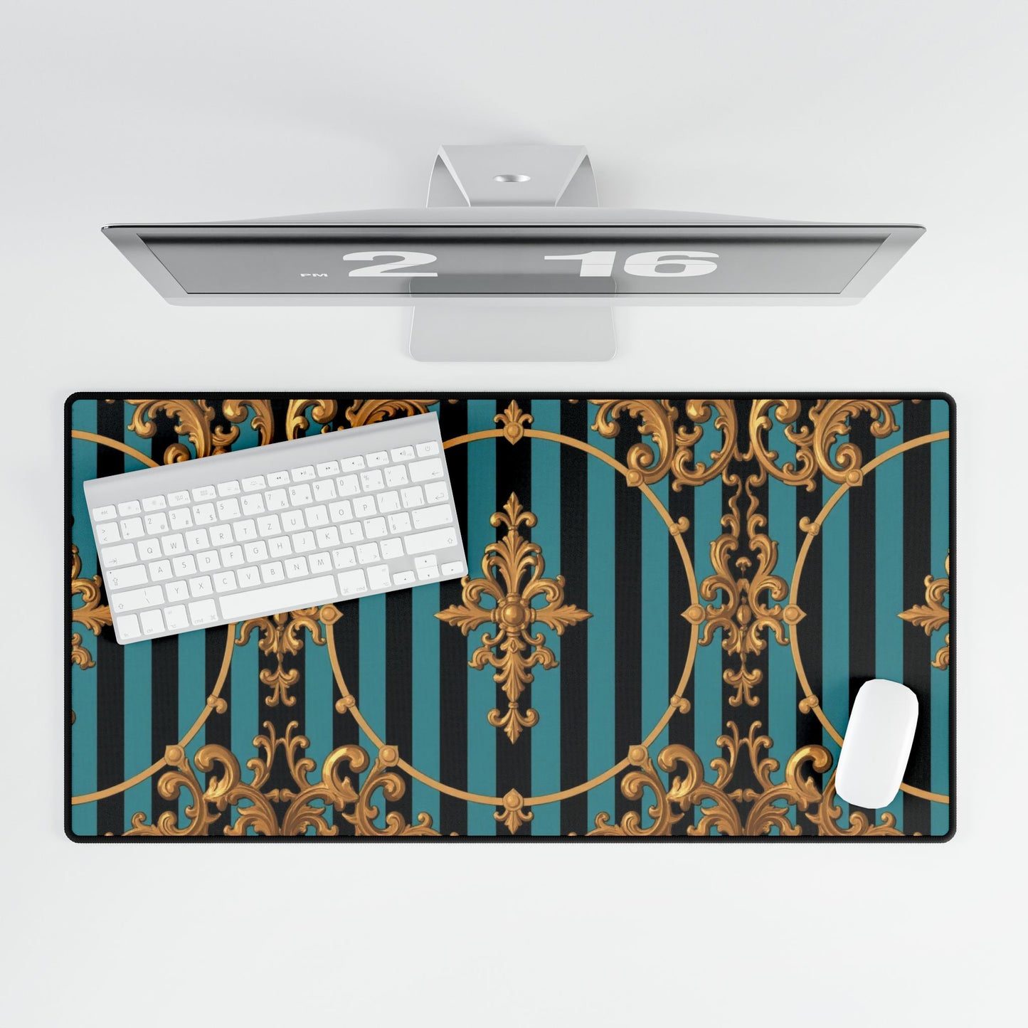 Elegant Turquoise & Black Striped Gold Baroque Desk Mats for Home Office, Stylish Mouse Pads, Luxe Desk Decor, Gifts for Professionals