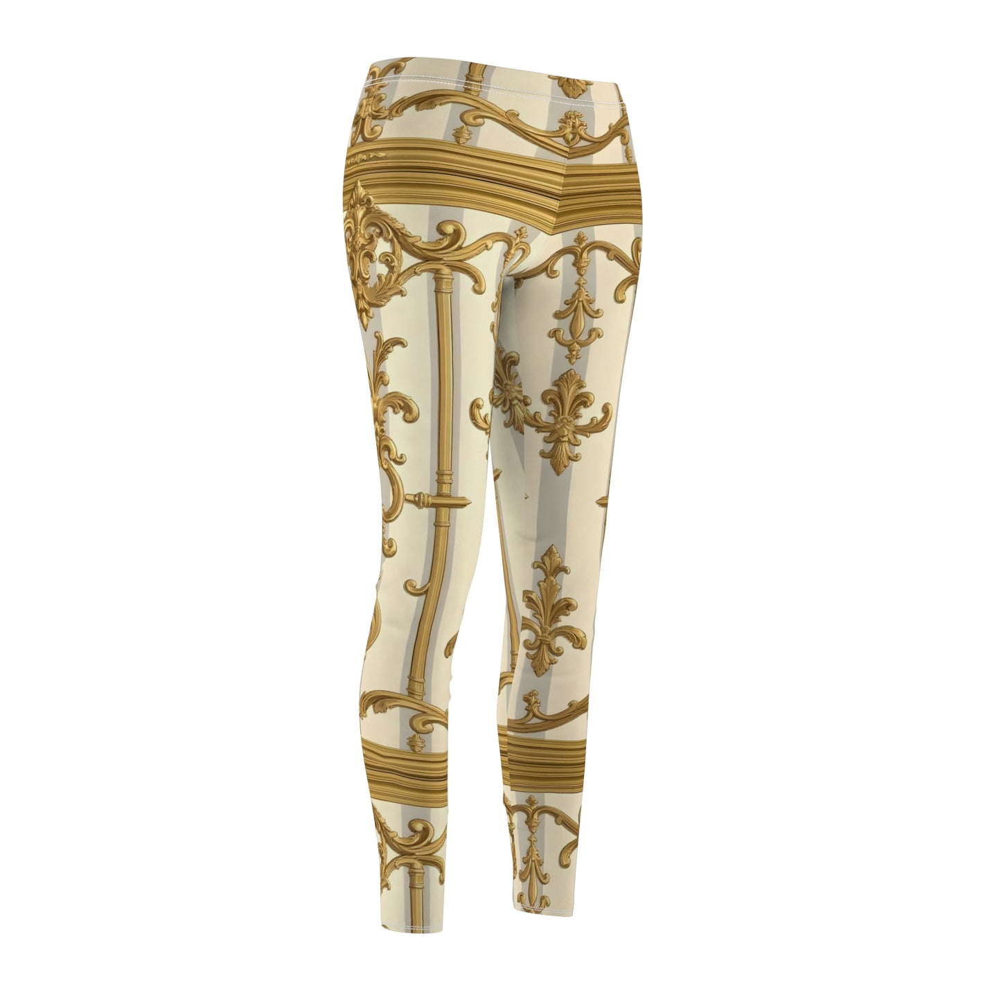 Elegant Gold Pattern Women's Leggings, Chic Fashion Trousers, Casual Wear, Athleisure Pants - Matte Gray & Cream Striped Gold Baroque