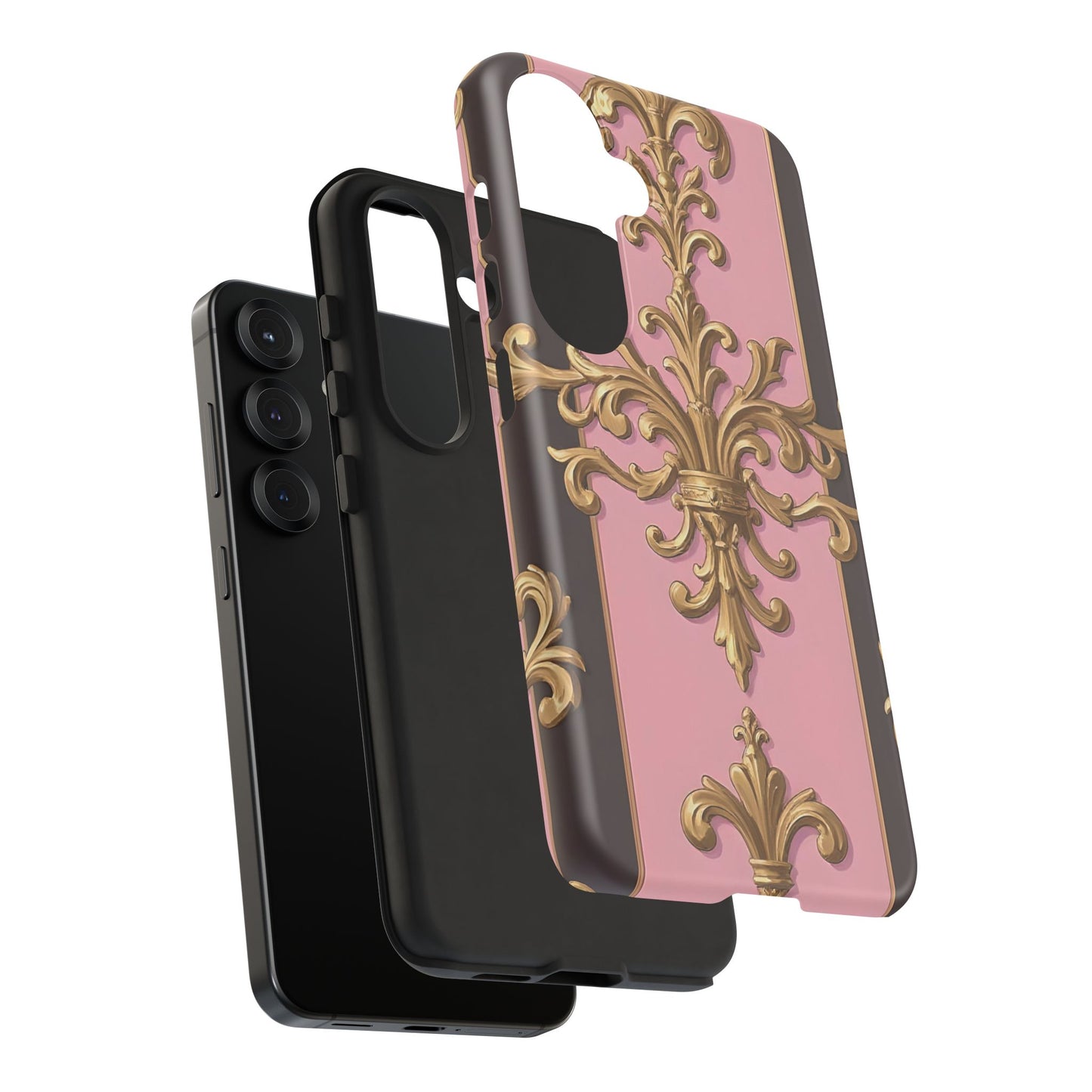Elegant Floral Motif Phone Case - Tough Cases with Vintage Design - Pink & Brown Striped Gold Damask