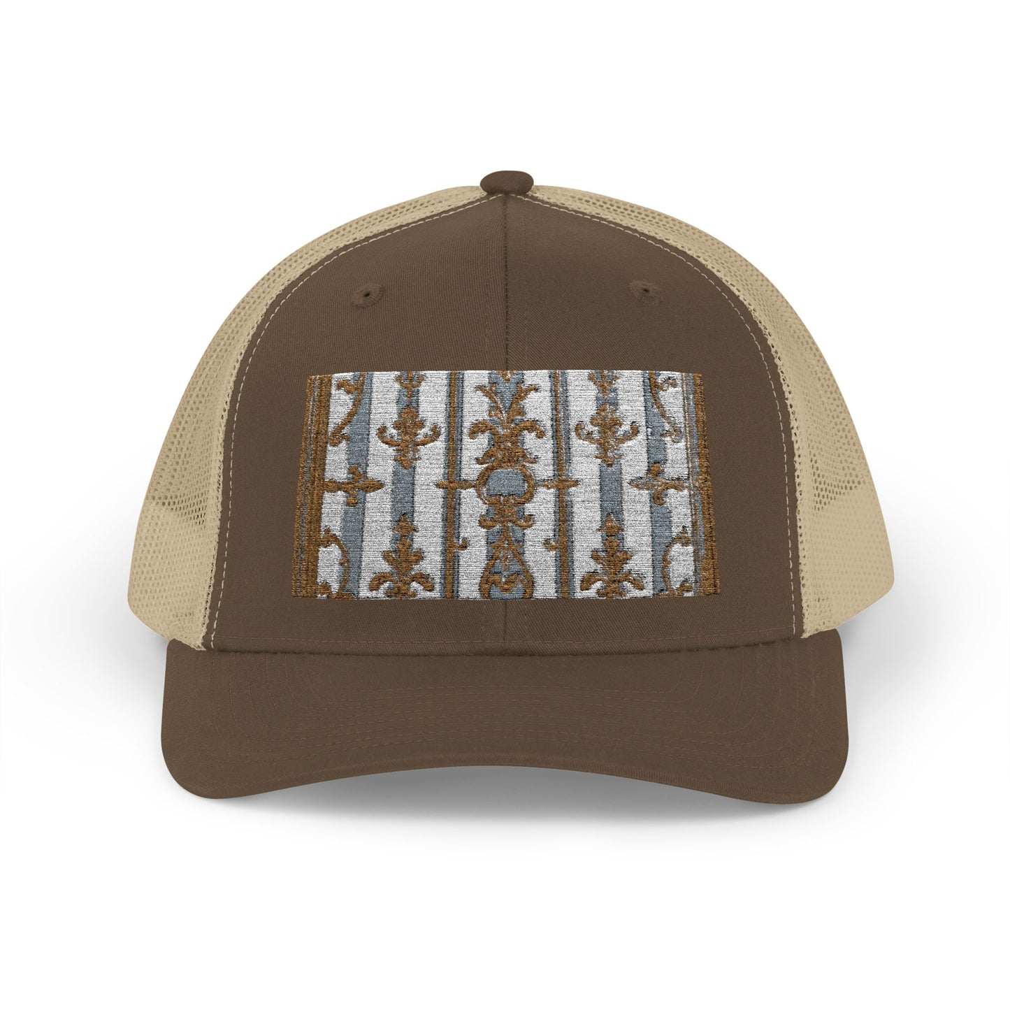 Stylish Snapback Trucker Cap with Nature-Inspired Design - Summer Festivals - Matte Gray & Cream Striped Gold Baroque