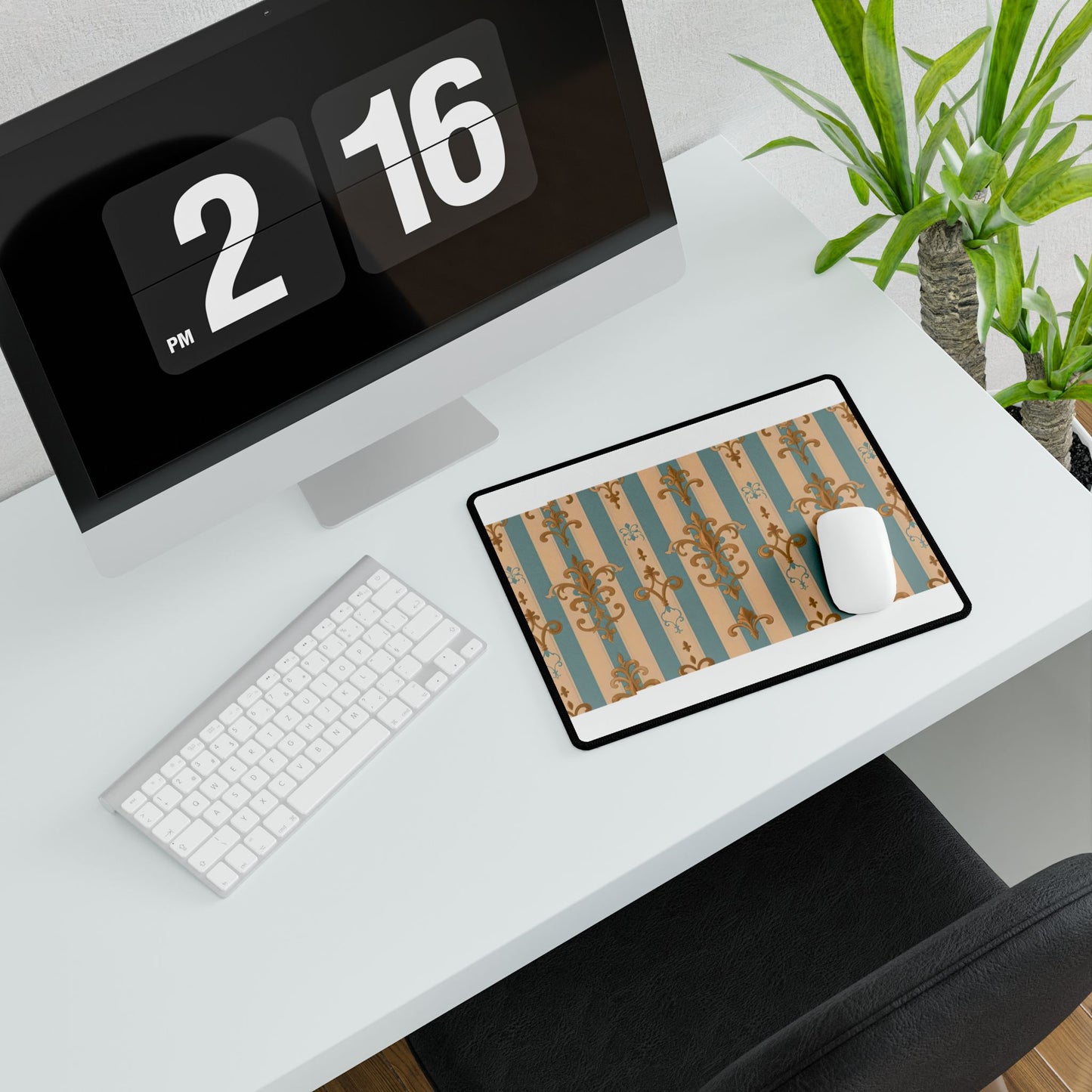 Elegant Floral Motif Desk Mat for Home Office Decor - Beige & Sky Blue Striped Gold Damask