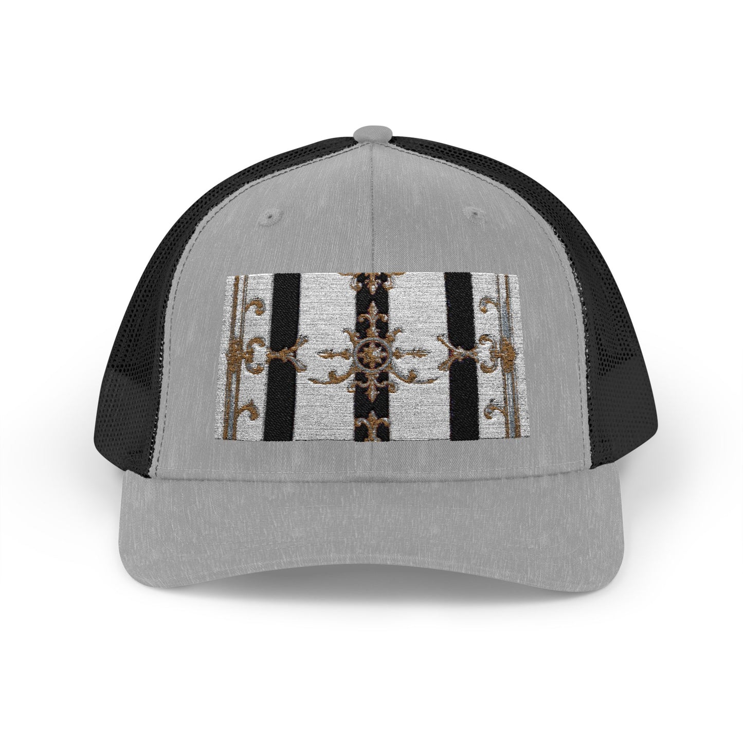 Trendy Snapback Trucker Cap, Casual Fashion Hat, Summer Accessory, Gift Idea for Cool Teens, Outdoor Activities - Black & White Striped Gold Baroque