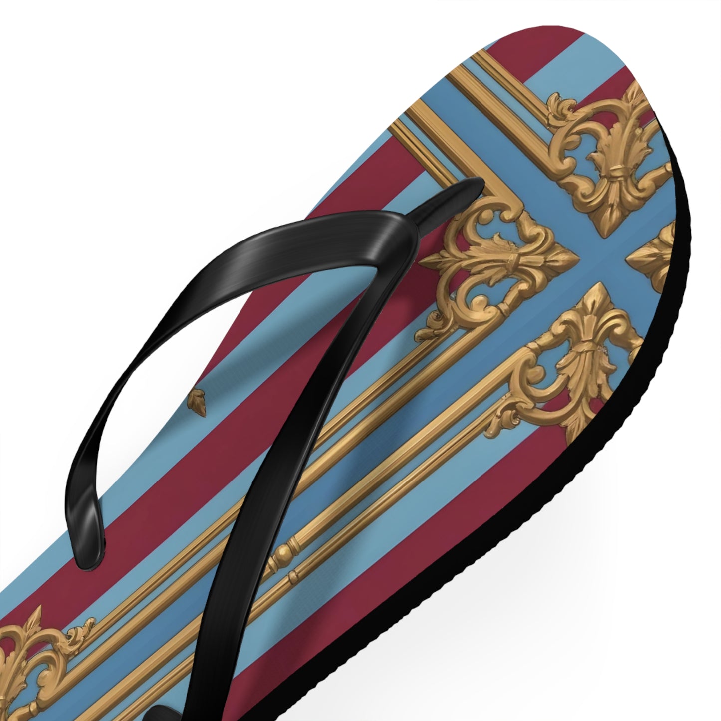 Ornate Design Flip Flops, Elegant Summer Sandals, Beach Vacation Footwear, Perfect for Weddings - Sky Blue & Maroon Striped Baroque