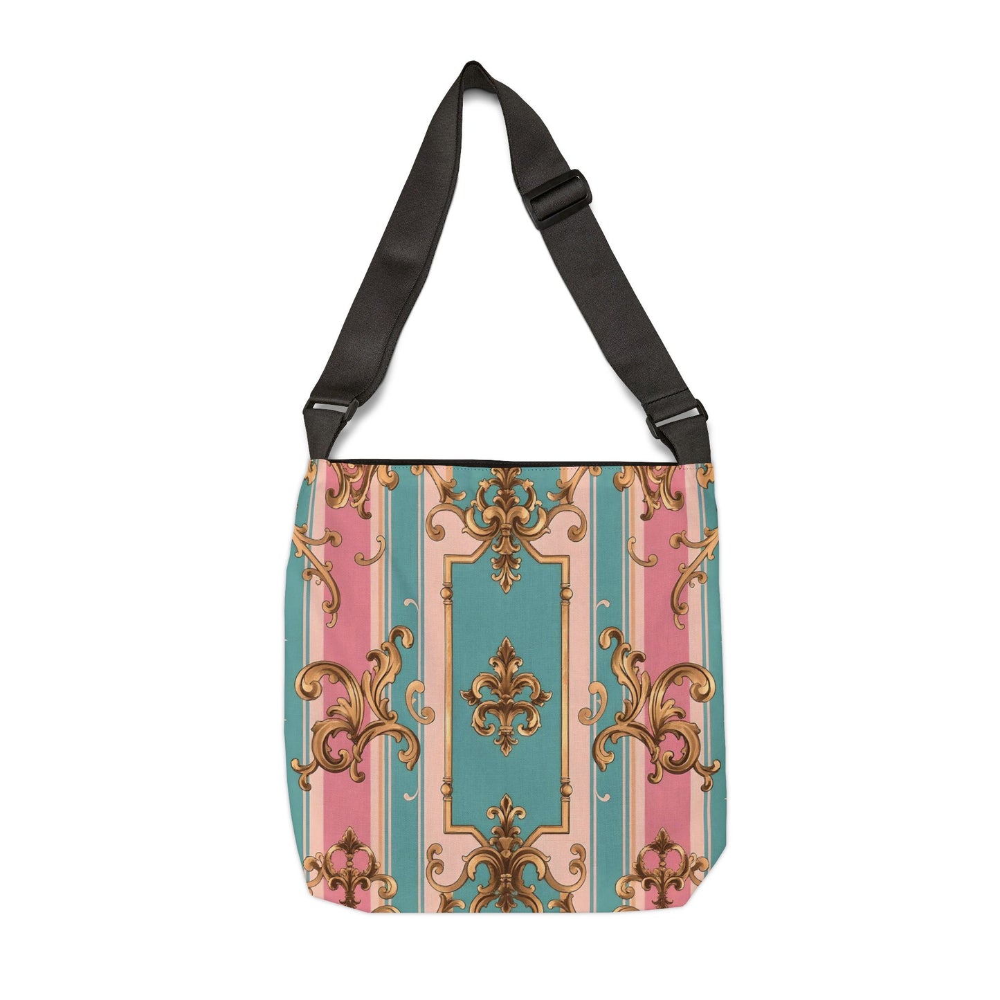 Elegant Vintage Floral Adjustable Tote Bag, Stylish Handbag, Everyday Use, Gift for Her - Pink & Matte Turquoise Striped Rococo