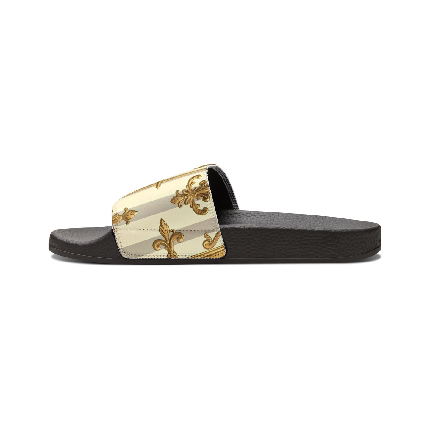 Chic Women's Removable-Strap Sandals, Stylish Summer Footwear, Perfect for Beach Days - Matte Gray & Cream Striped Gold Baroque