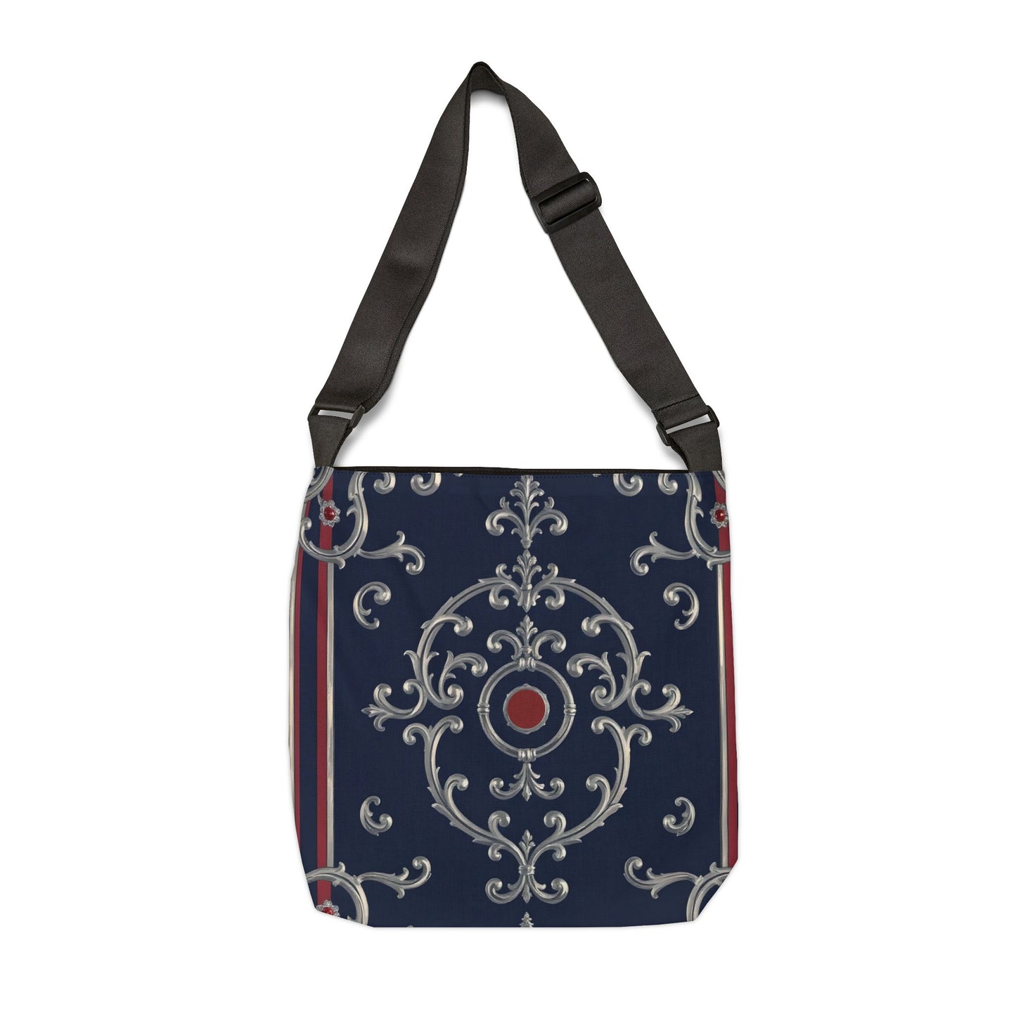Elegant Adjustable Tote Bag – Stylish Handbag for Everyday Use, Chic Shopping Bag, Perfect for Gifts, Travel or Events - Blue & Red Silver Baroque
