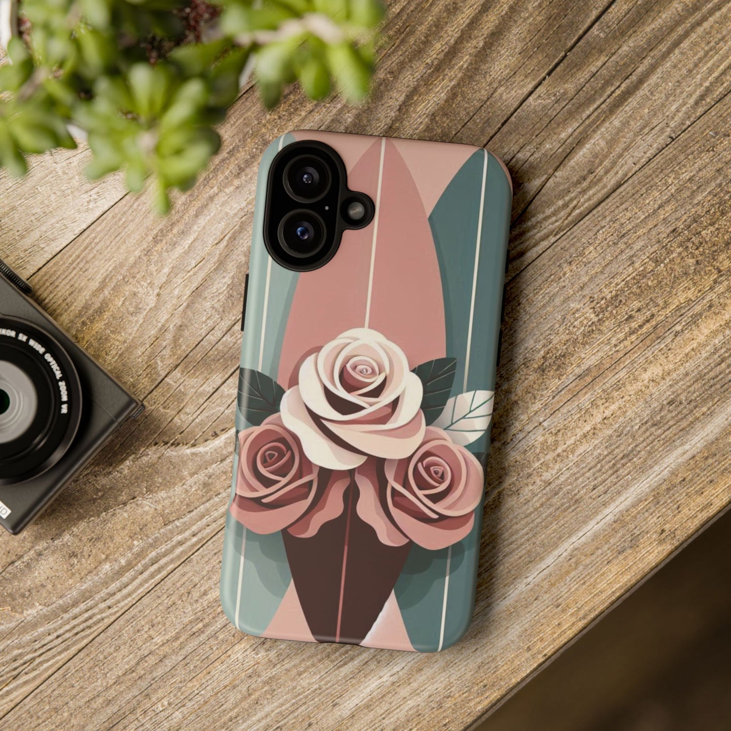 Phone Case - Burgundy, Matte Mauve & Teal Surfboard & Roses Design