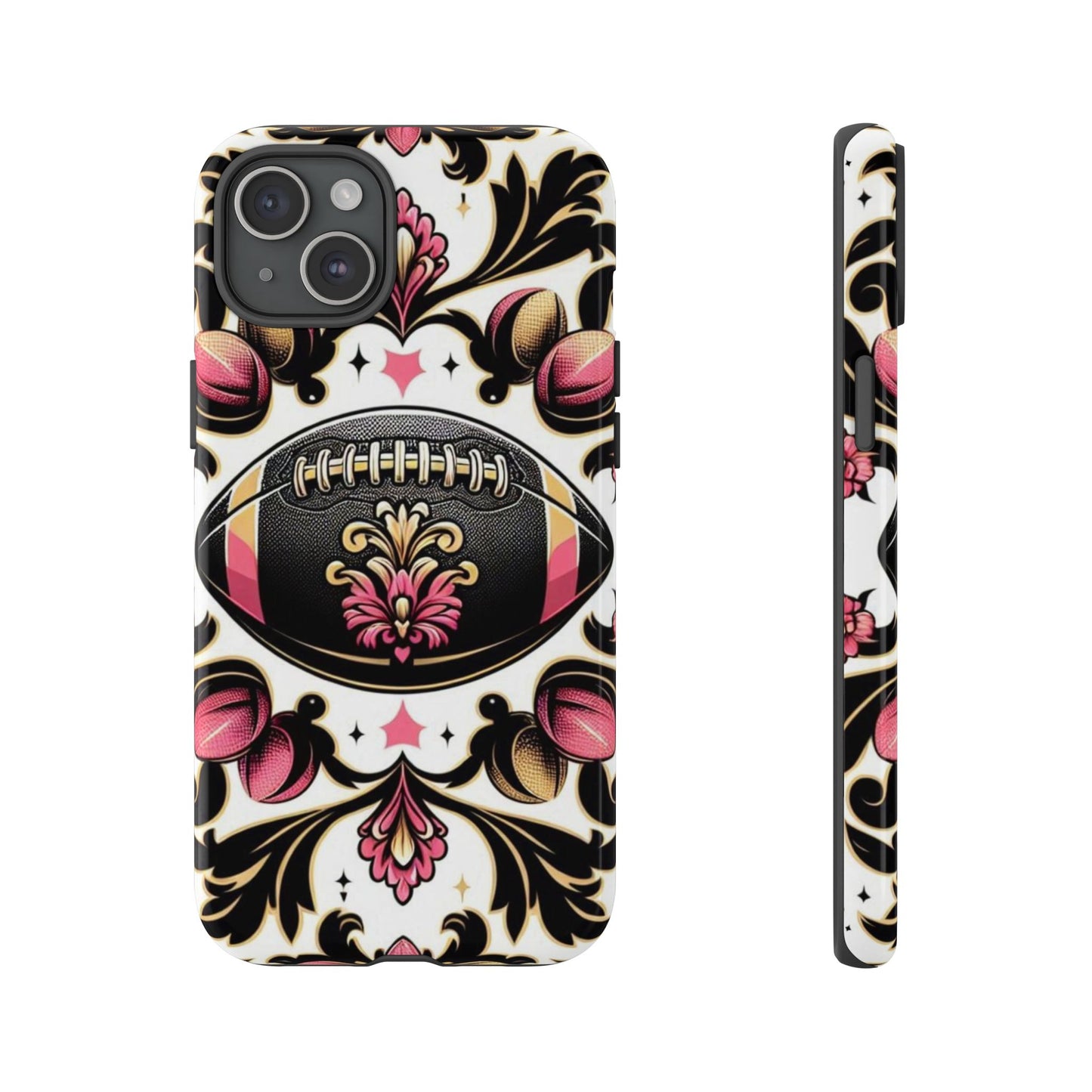 Elegant Floral Motif Phone Case - Tough Cases with Vintage Design - Damask White, Pink Gold & Black Football