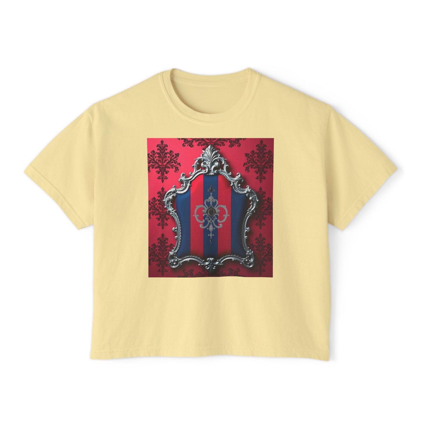 Vintage-Inspired Women's Boxy Tee, Retro Graphic Top, Casual Summer Shirt, Trendy Fashion Tee, Gift for Her - Blue & Red Striped Silver Crest