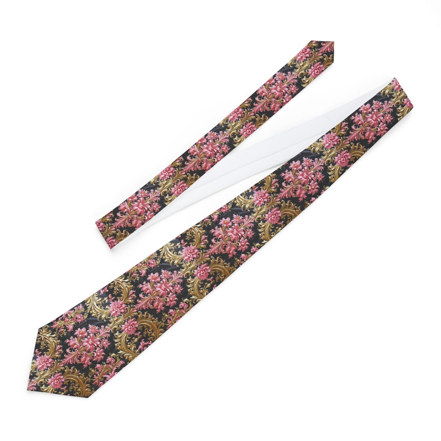 Floral Pattern Necktie, Stylish Accessory for Weddings, Parties, Business Events, Gifts for Him - Black & Pink Oil Painting Style Rococo