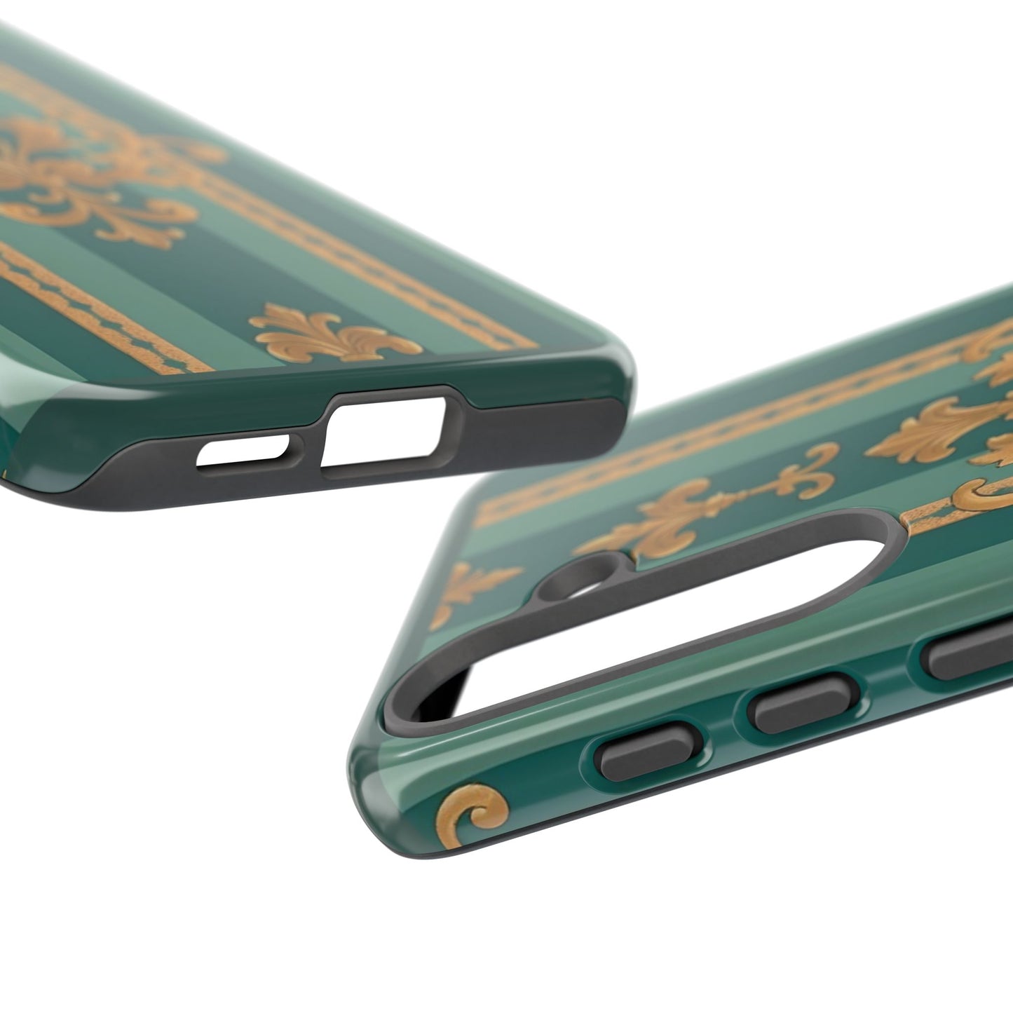 Elegant Floral Motif Phone Case - Tough Cases with Vintage Design - Teal Striped Gold Damask