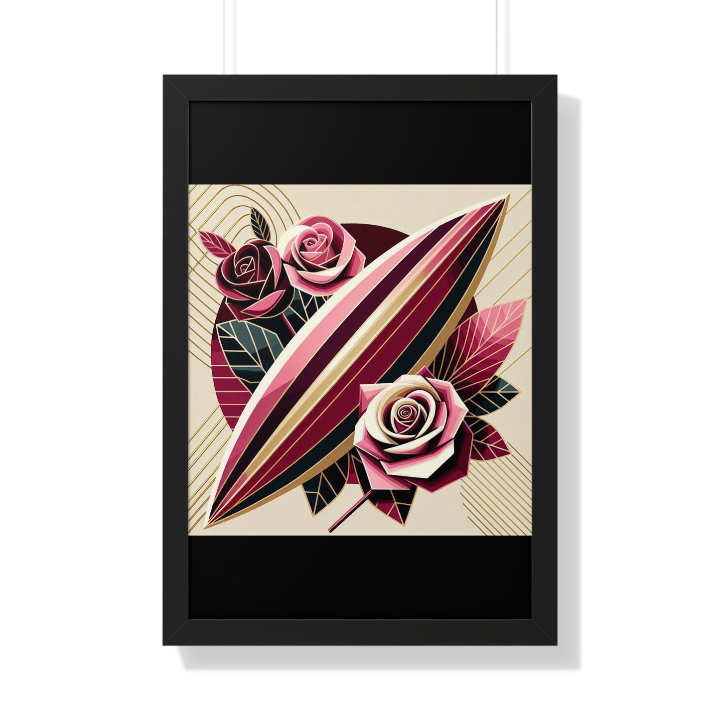 Vertical Poster - Pink & Burgundy Striped Surfboard & Roses Wall Art