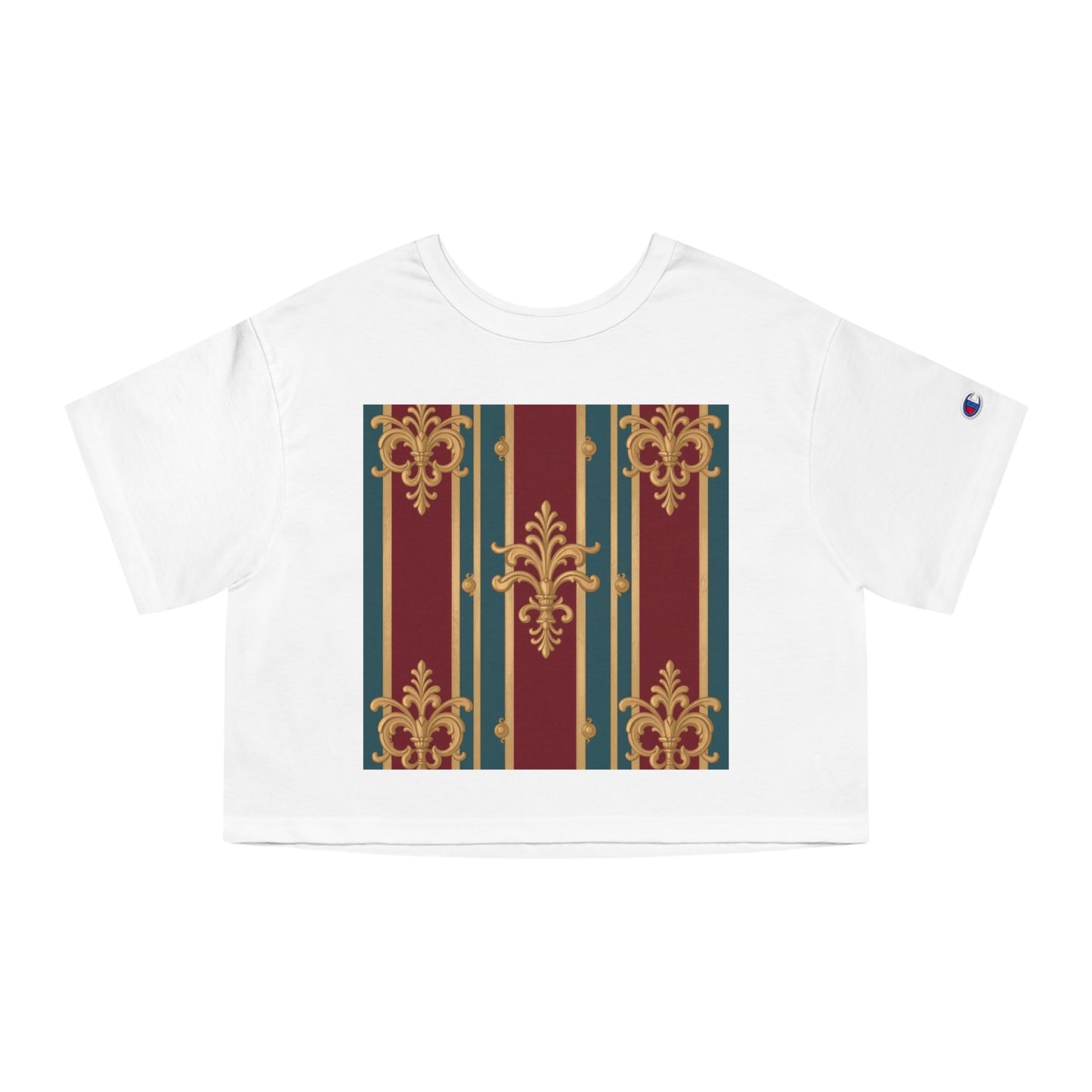 Cropped T-Shirt with Baroque Design | Trendy Women's Top | Perfect for Casual Wear, Festivals - Burgundy Striped Gold Baroque