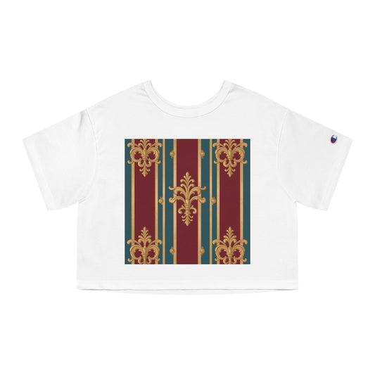 Cropped T-Shirt with Baroque Design | Trendy Women's Top | Perfect for Casual Wear, Festivals - Burgundy Striped Gold Baroque