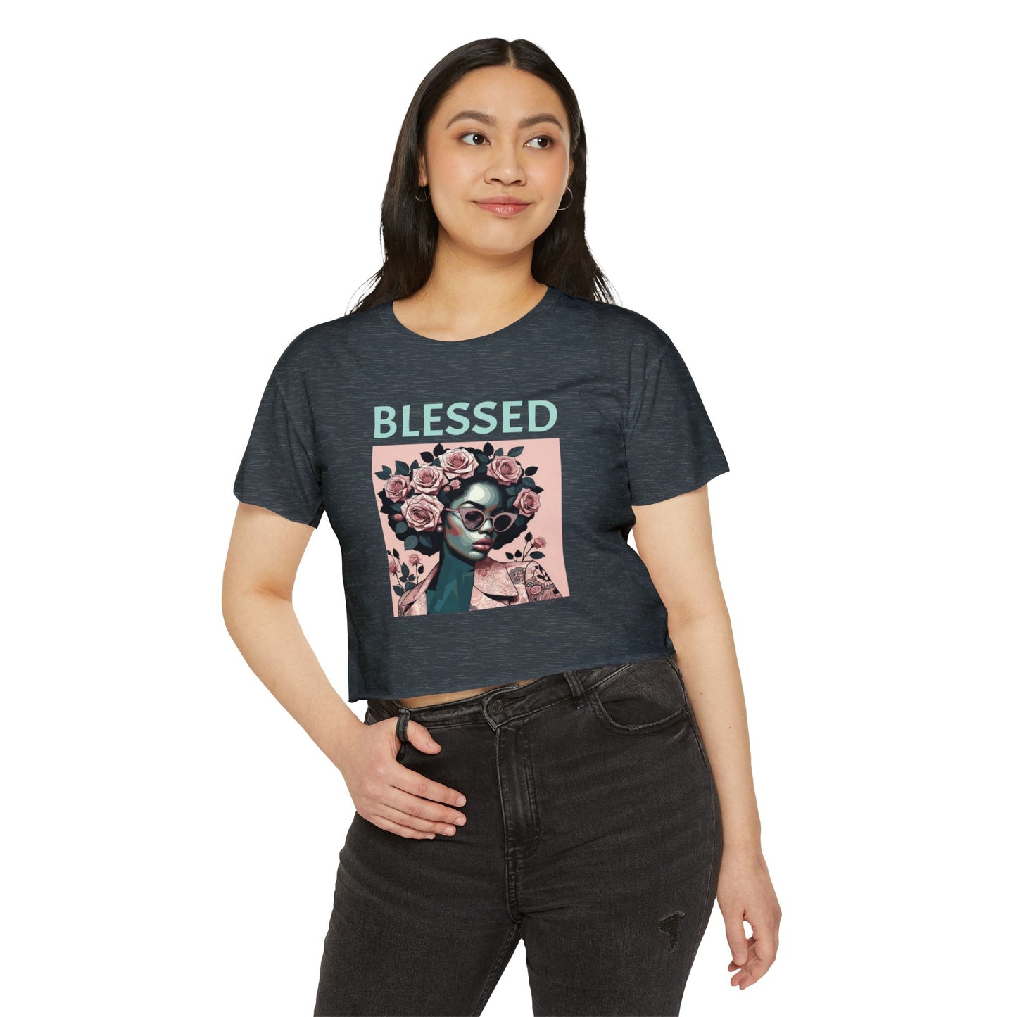 Women's Festival Crop Top - Blessed Graphic Tee, Boho Style Shirt, Summer Outfit, Gift for Her, Festival Wear, Trendy Casual Top - Mint Lettering