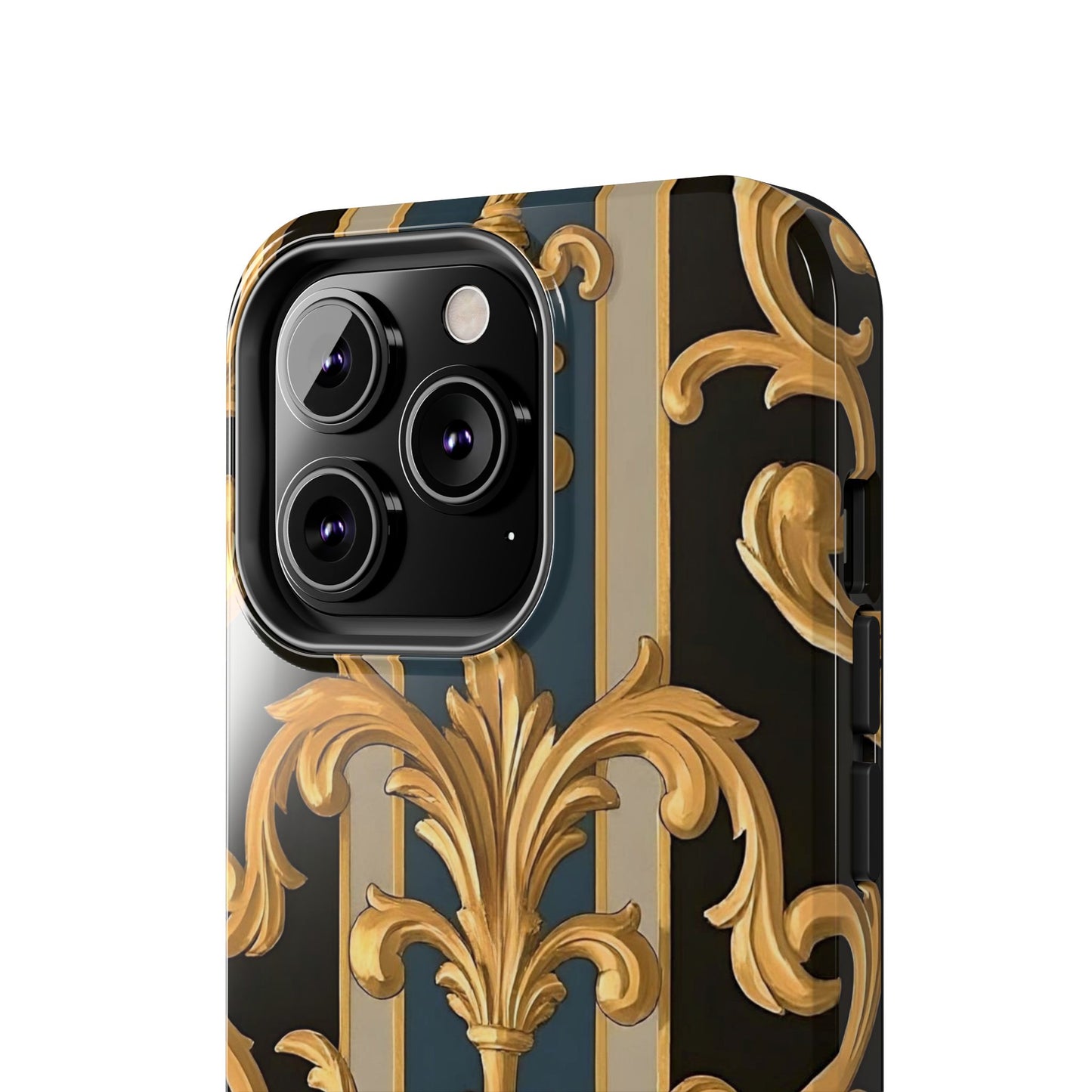Elegant Rococo Phone Cases, Tough iPhone Case, Floral Design Case, Luxury Phone Cover - Blue & Black Striped Rococo