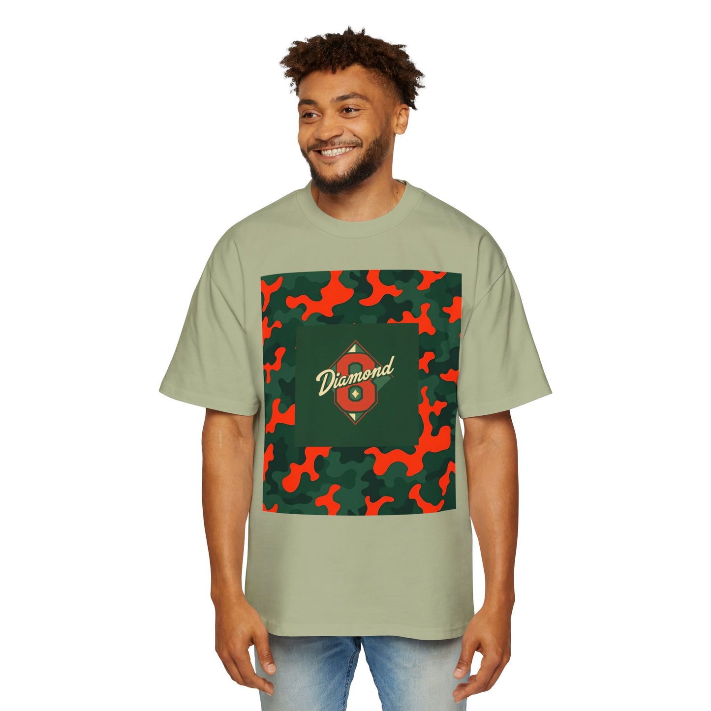Men's Heavy Oversized Camouflage Tee, Casual Streetwear Shirt, Graphic T-Shirt, Comfortable Everyday Wear, Gift for Him - Green & Orange Camo Diamond 8